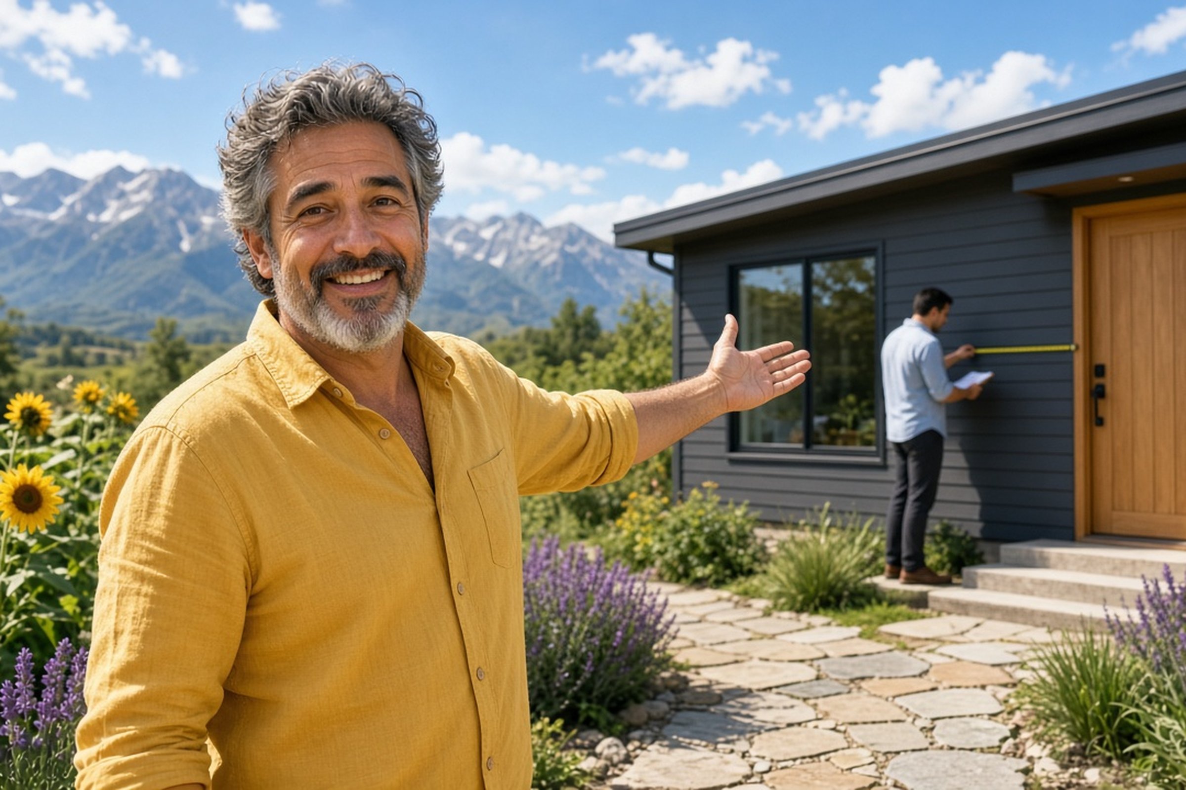Un hombre latino de unos 50 años sonríe con orgullo y señala la casita moderna terminada en su patio mientras un evaluador mide la pared al fondo, con girasoles y montañas en el condado de Salt Lake.