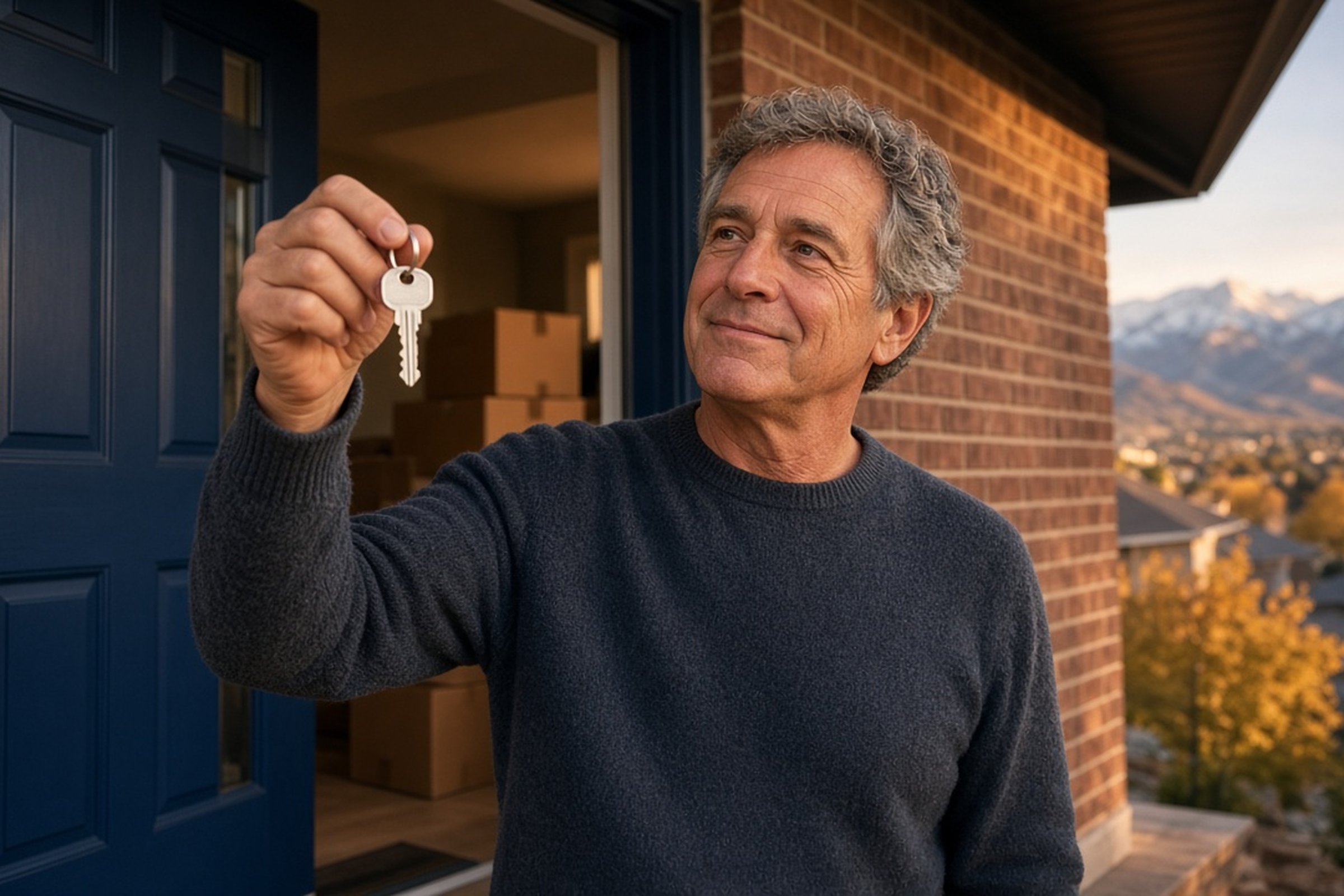 A homeowner stands in his doorway holding up his house key, with moving boxes behind him and the Salt Lake County mountains in the distance.