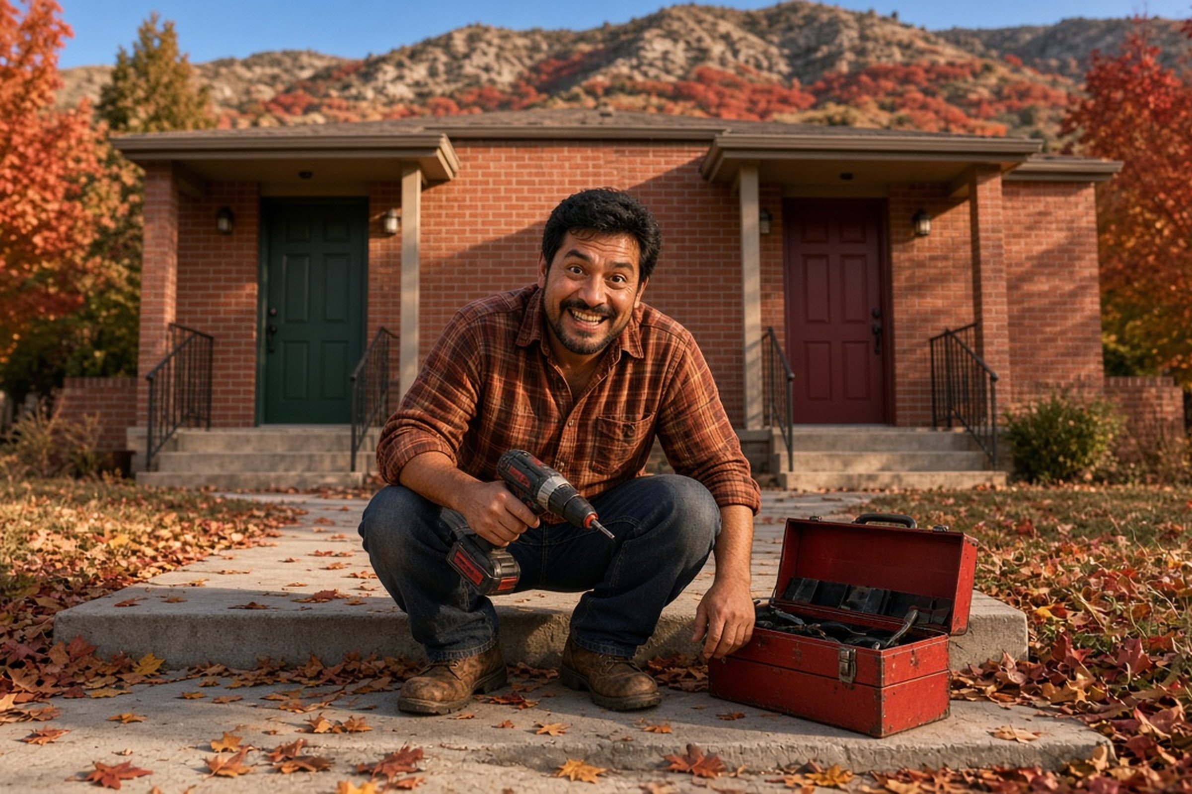 Un hombre latino de unos 40 años, agachado con un taladro junto a las dos puertas de entrada de un dúplex de ladrillo, mira a la cámara con una sonrisa decidida en una tarde de otoño en Utah.