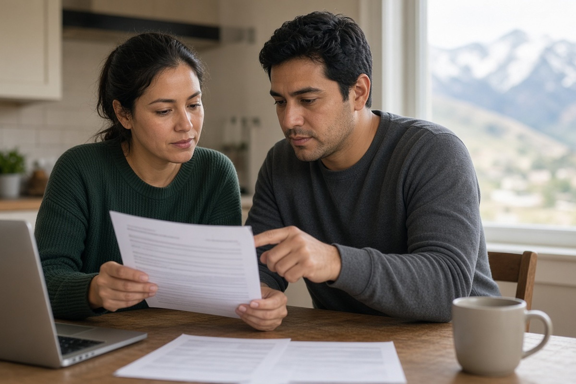 Una pareja latina revisa su reporte de crédito en la mesa de la cocina de su casa en el condado de Salt Lake.