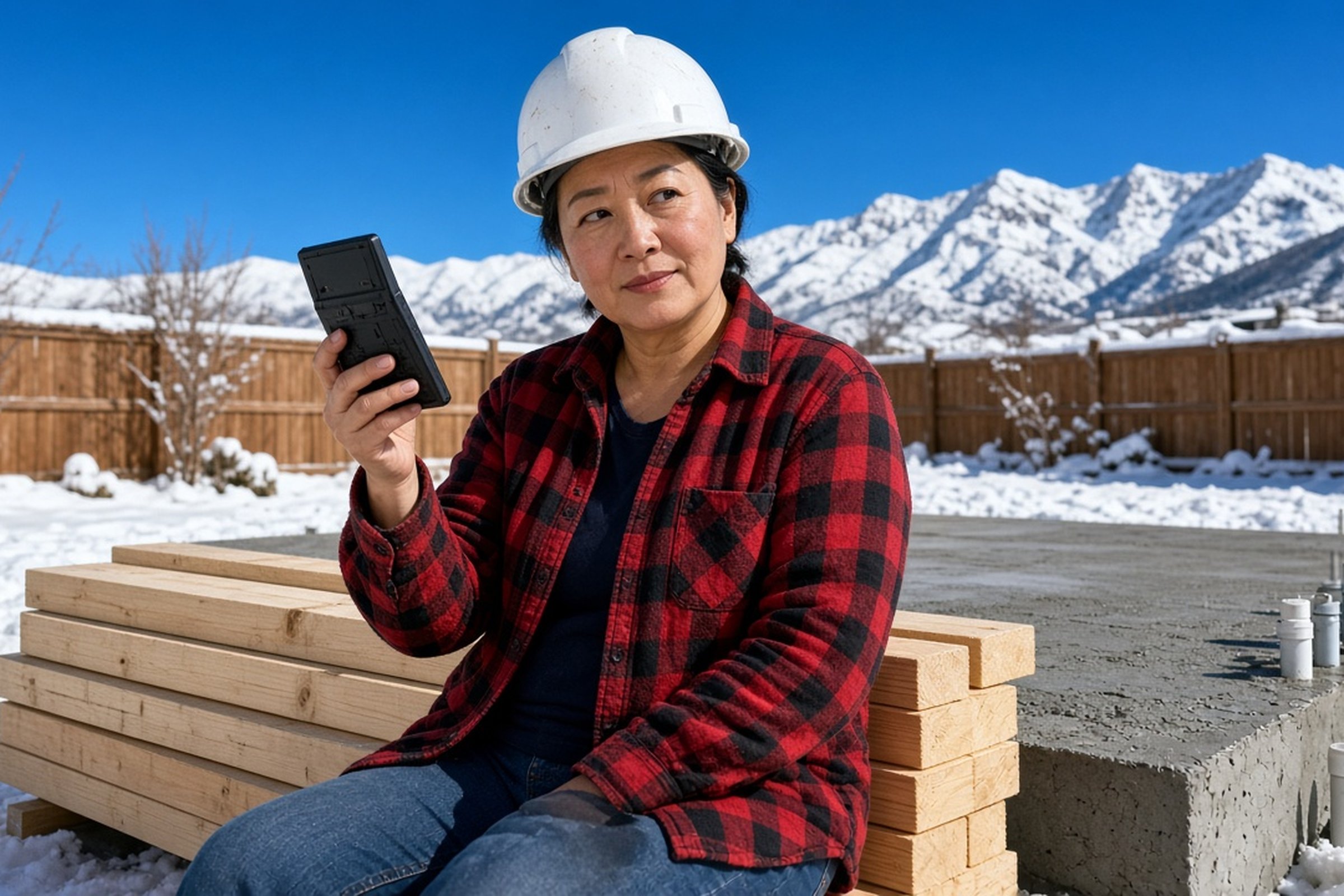 An East Asian woman in a white hard hat sits on a stack of lumber beside a fresh concrete slab in her snowy Salt Lake County backyard, raising an eyebrow at a calculator turned away from the camera.