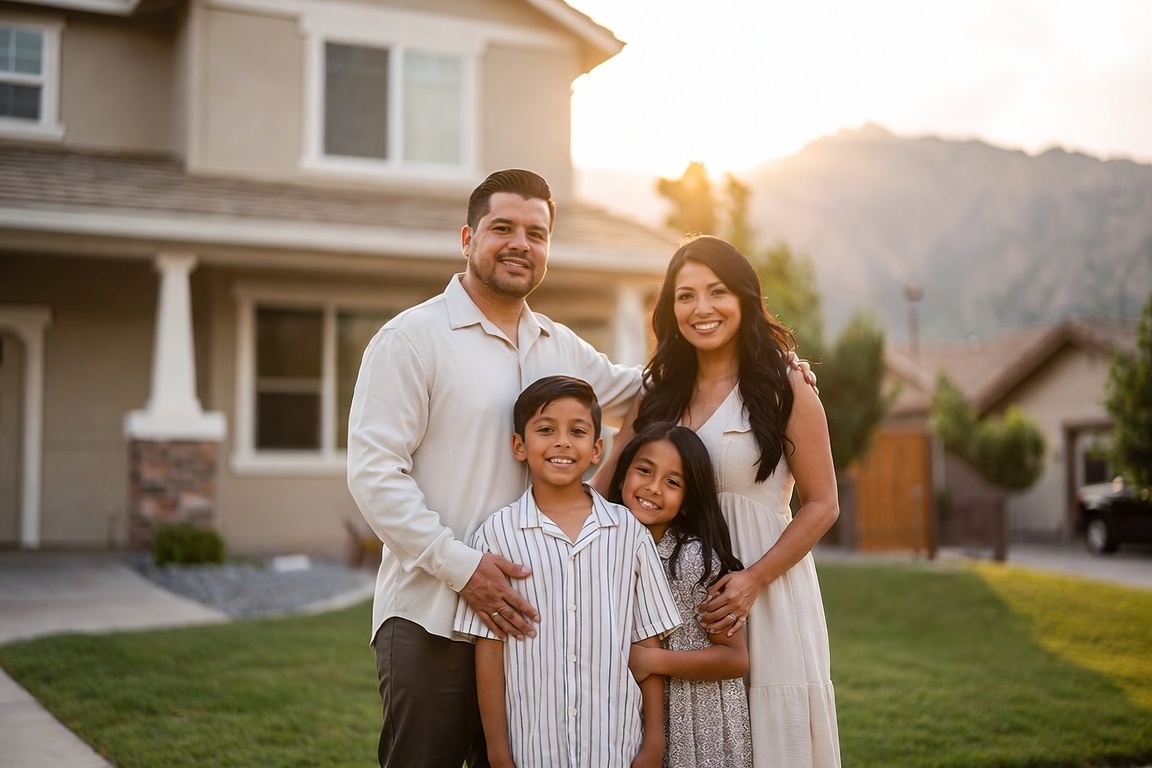 Familia latina de pie frente a su nueva casa en el condado de Salt Lake