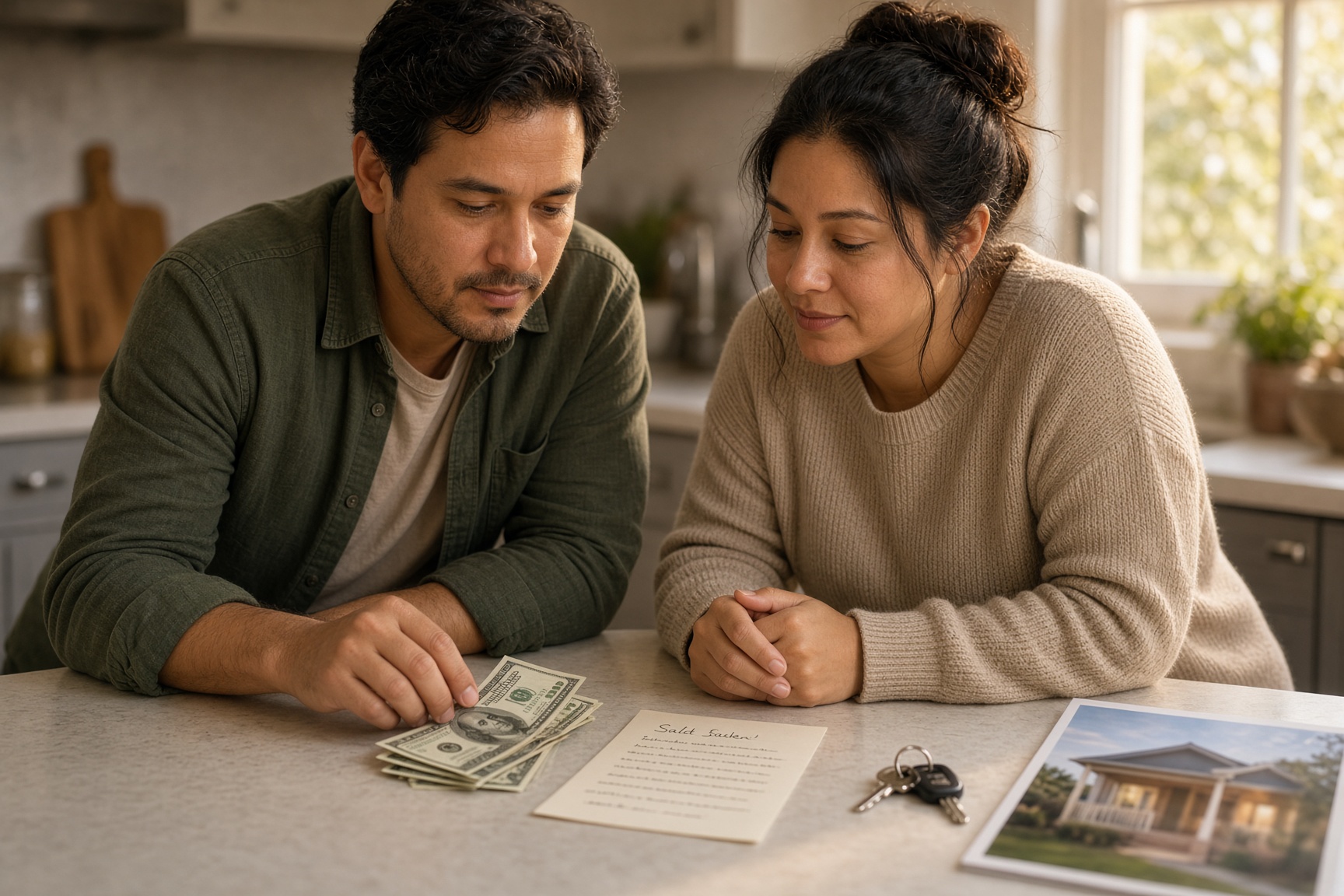 Una pareja en la cocina de su casa en el condado de Salt Lake, revisando cuánto necesitan para comprar