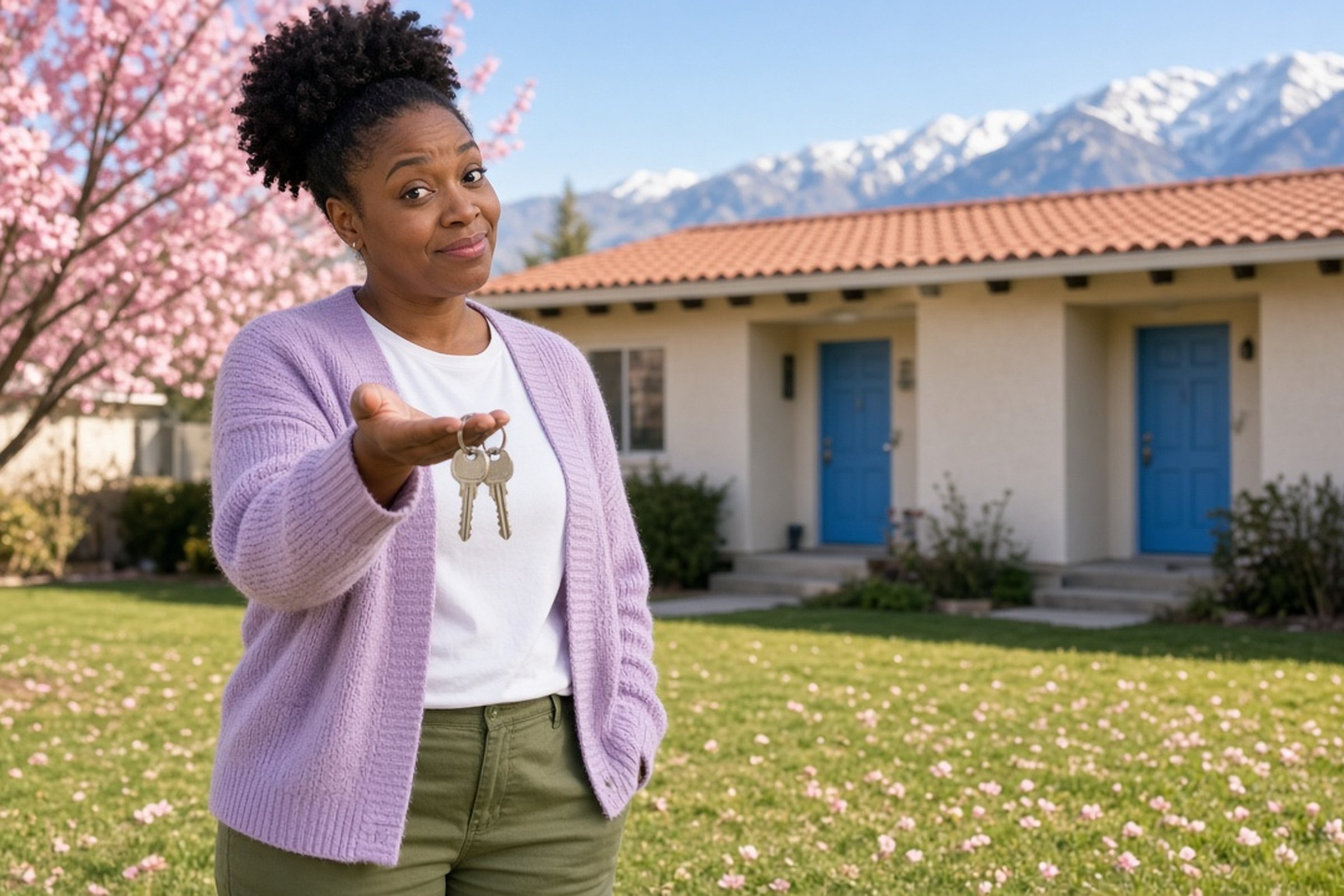 A Black woman in her mid-30s stands on the lawn of a single-story Utah duplex under a blooming crabapple tree, holding two sets of keys in her open palm with a thoughtful, raised-eyebrow look.