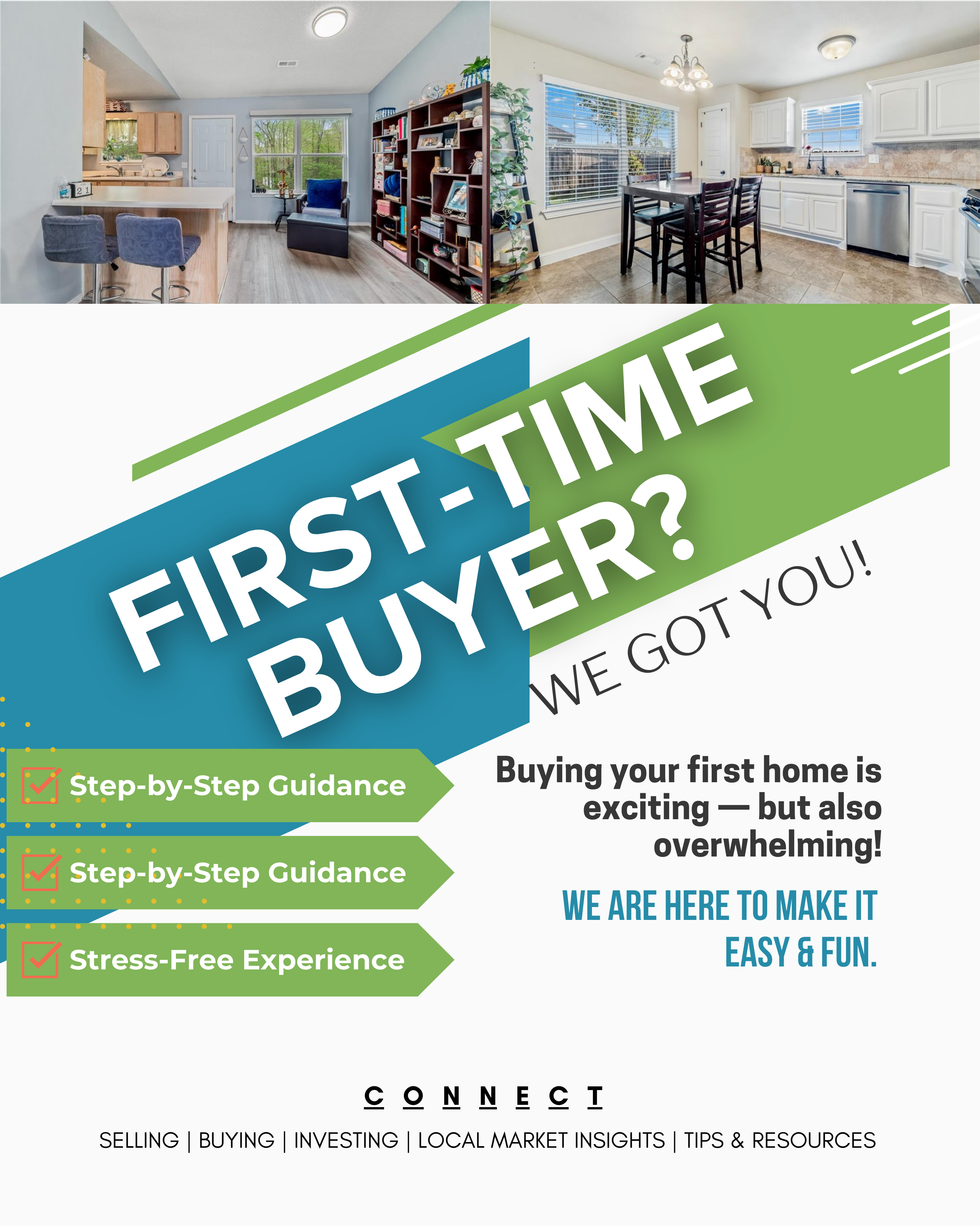 Promotional graphic for first-time home buyers featuring photos of modern home interiors and bold text reading 'First-Time Buyer? We Got You!' Highlights include step-by-step guidance and a stress-free experience, with a message that buying your first home is exciting but can be overwhelming. The image encourages buyers to connect for help with selling, buying, investing, local market insights, and resources.
