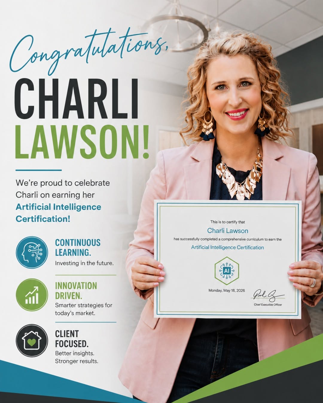 Charli Rae Lawson Earns Artificial Intelligence Certification Through the Residential Real Estate Council header image.