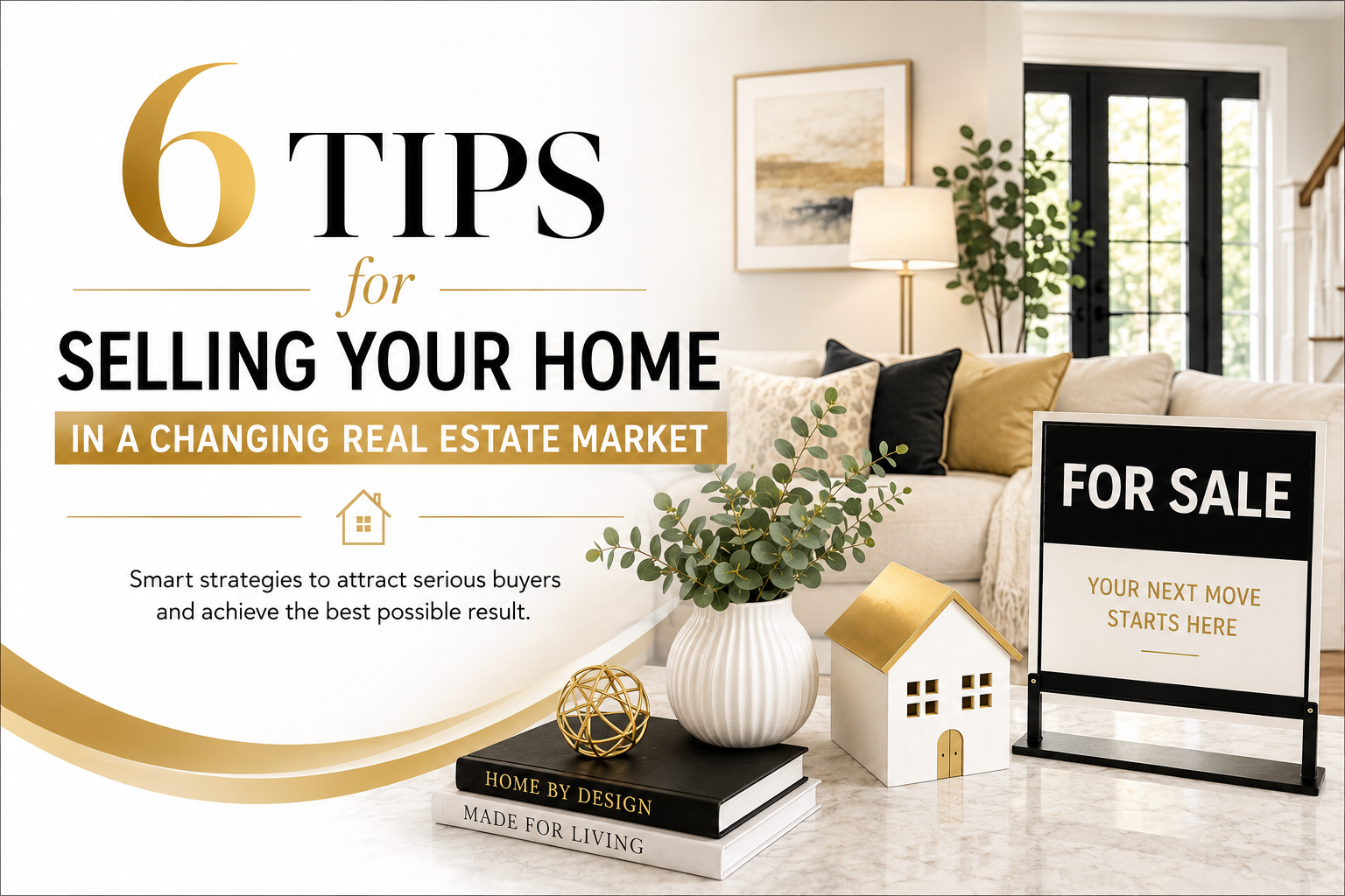 6 tips for selling your home in a changing real estate market, featuring strategies for pricing, presentation, decluttering, curb appeal, staging, and negotiating offers.