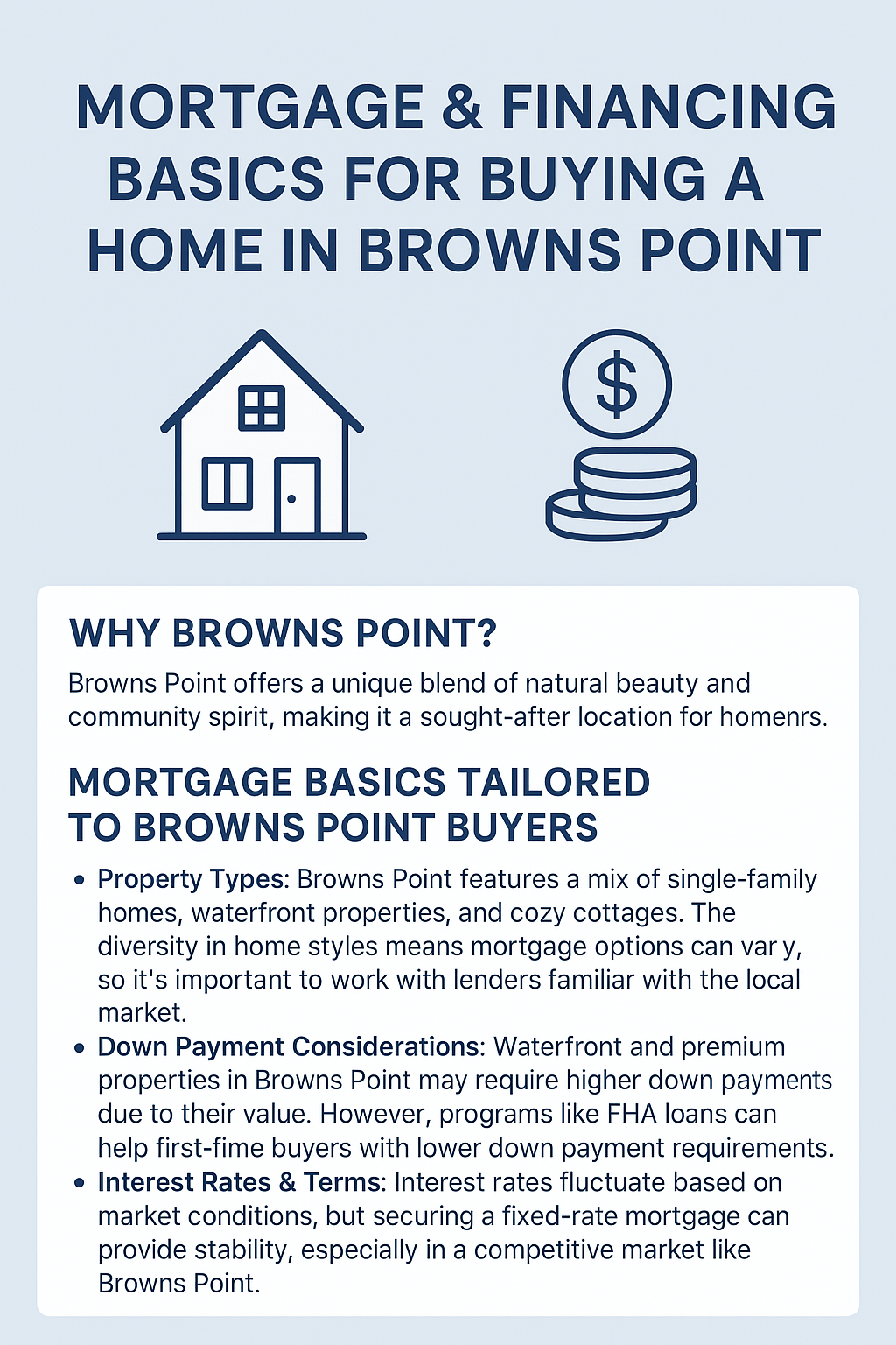 Informational graphic outlining mortgage and financing basics for buying a home in Browns Point, including property types, down payment considerations, and interest rate tips, with simple house and dollar icons in a blue theme.