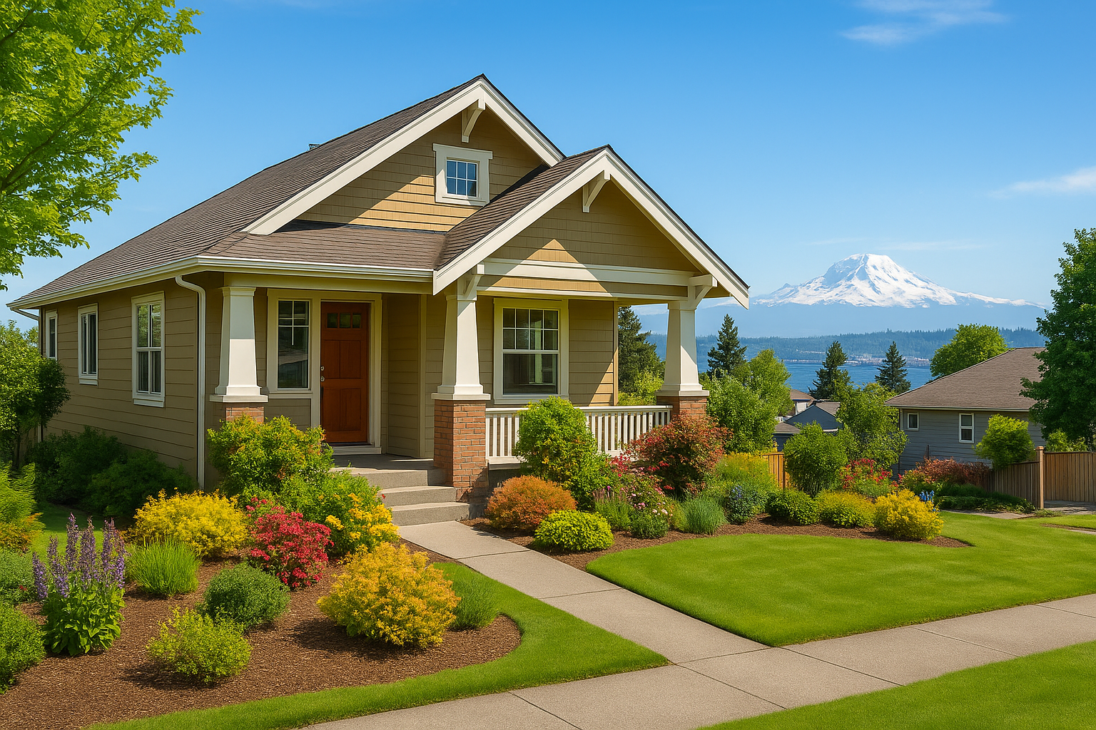 Beautiful Tacoma, WA home with lush landscaping, native plants, and a view of Mount Rainier, showcasing ideal curb appeal for Pacific Northwest buyers.