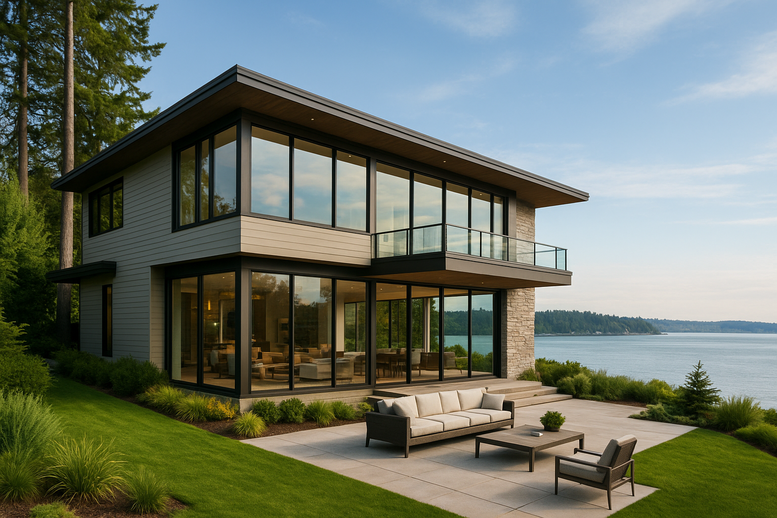 Luxury waterfront home in Federal Way, WA with modern architecture, panoramic Puget Sound views, and elegant design.