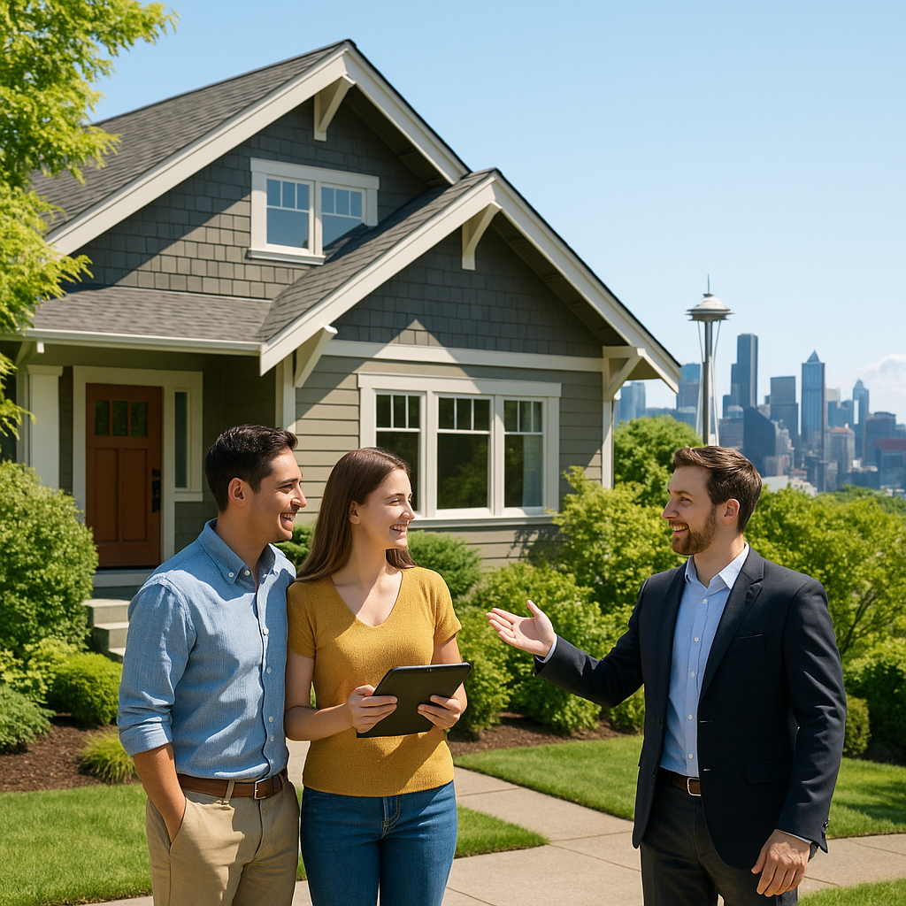 Young couple touring a craftsman-style home in Seattle with a real estate agent, Mount Rainier visible in the background on a sunny day.