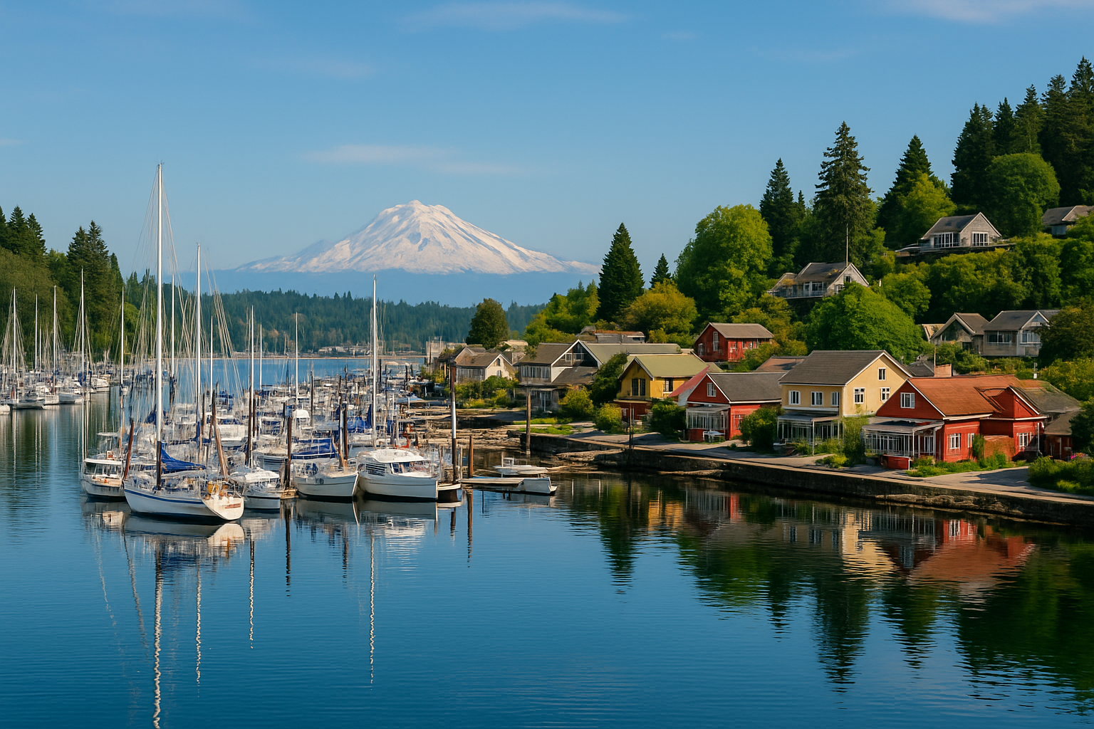 Scenic waterfront view of Gig Harbor, WA, with boats docked at the marina, cozy downtown shops, and lush greenery against the backdrop of the Olympic Mountains.