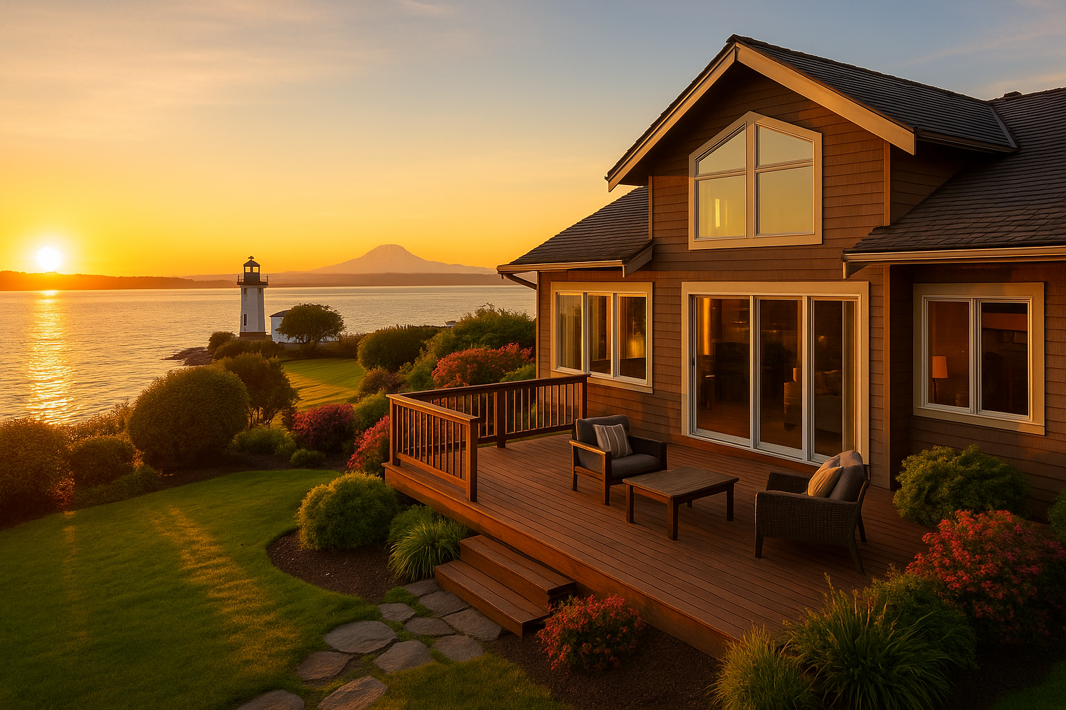 Northwest-style home in Browns Point, WA with a view of Puget Sound at sunset, showcasing a wooden deck, large windows, and lush landscaping.