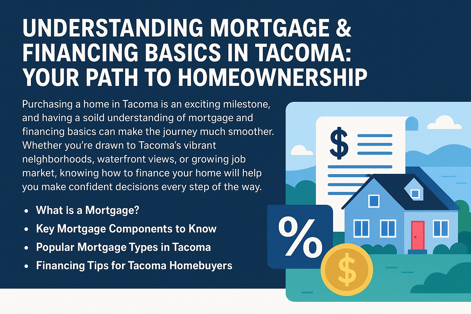 Promotional graphic explaining mortgage and financing basics in Tacoma, featuring a blue house illustration, dollar sign icons, and text highlighting key mortgage components and tips for homebuyers.