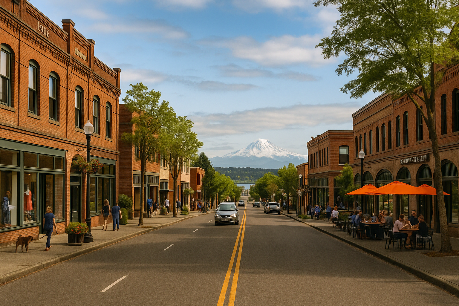 A scenic view of a Tacoma neighborhood with historic buildings, cozy cafes, and Mount Rainier in the background under a Pacific Northwest sky.