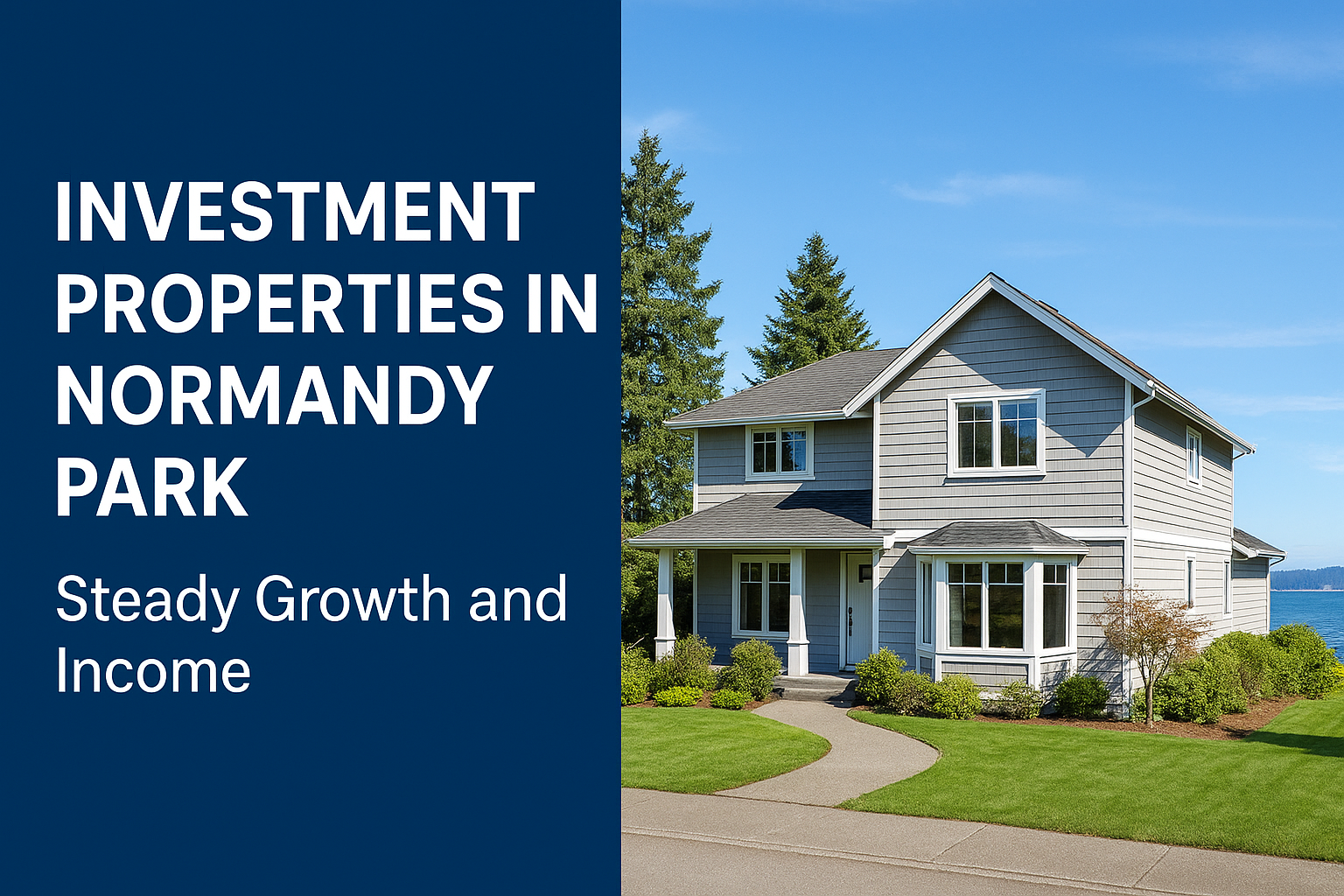Modern two-story home in Normandy Park, WA, surrounded by lush greenery with a clear blue sky and Puget Sound in the background, representing prime real estate investment opportunities.