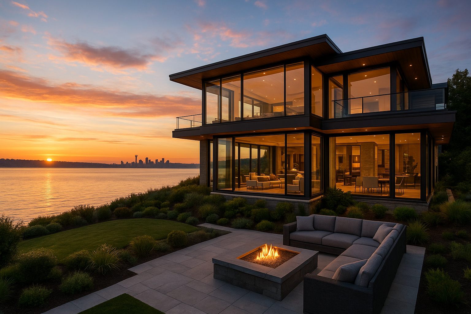“Luxury Seattle waterfront home with modern architecture, floor-to-ceiling windows, and panoramic views of Lake Washington and the Seattle skyline.”