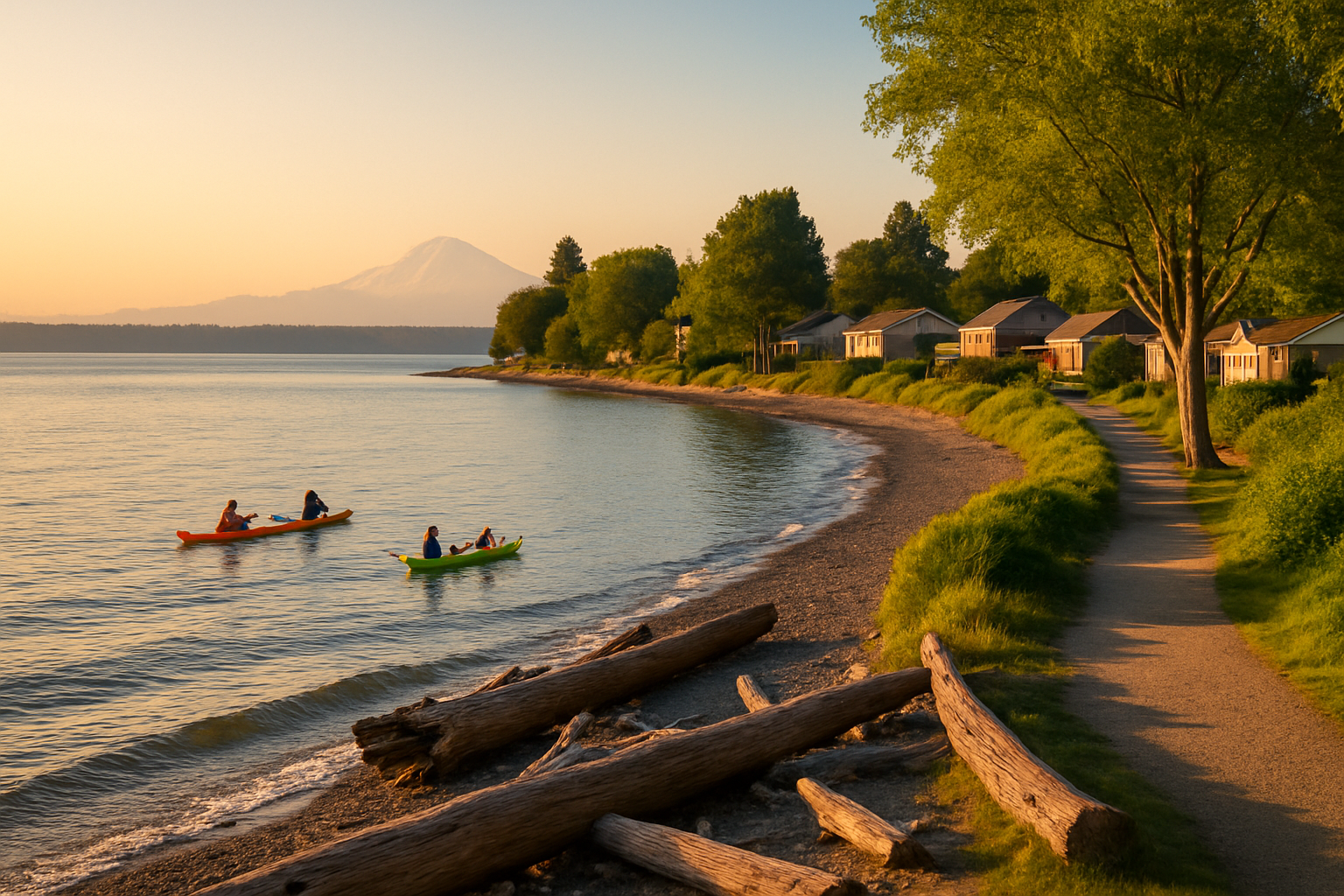 Peaceful shoreline view of Normandy Park, WA with families kayaking, lush greenery, and cozy homes near Puget Sound under a clear sky.