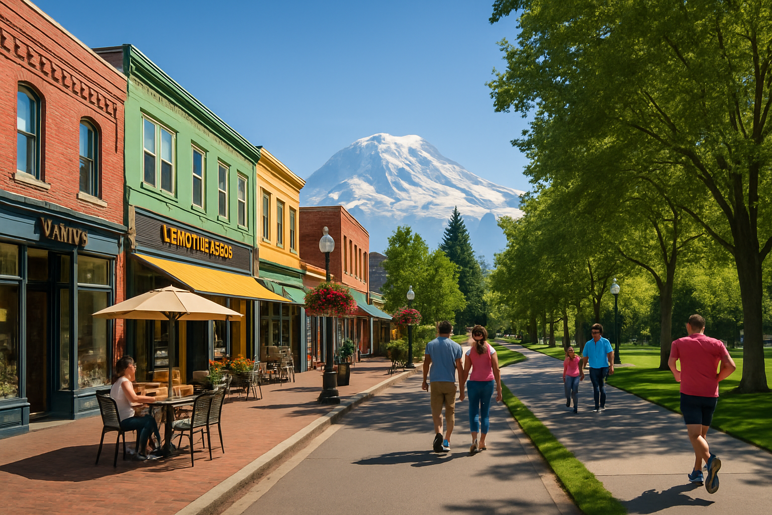 Downtown Puyallup with Mount Rainier in the background, people enjoying cafes, shopping, and outdoor recreation on a sunny day.