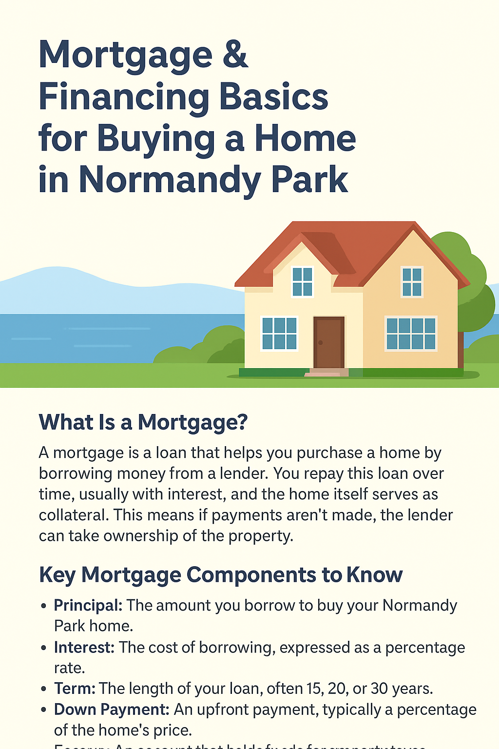 Illustrated guide to mortgage and financing basics for buying a home in Normandy Park, featuring a house with waterfront background and key mortgage components explained.