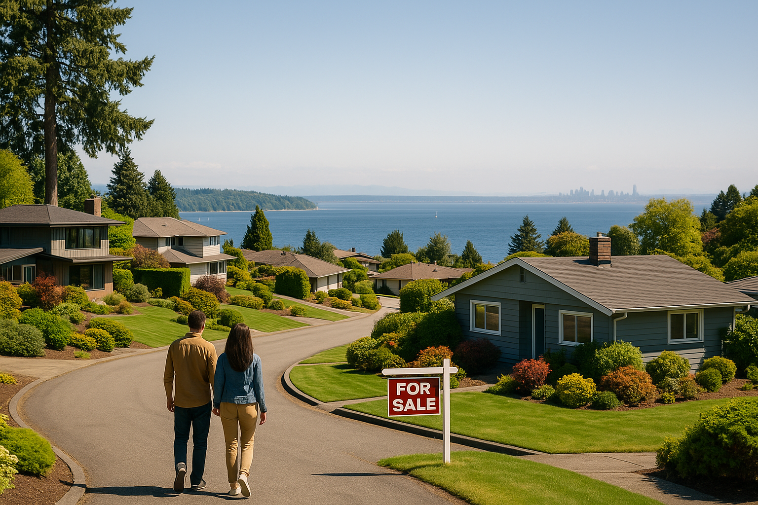 Couple walking toward a home for sale in scenic Normandy Park, WA, with Puget Sound in the background.