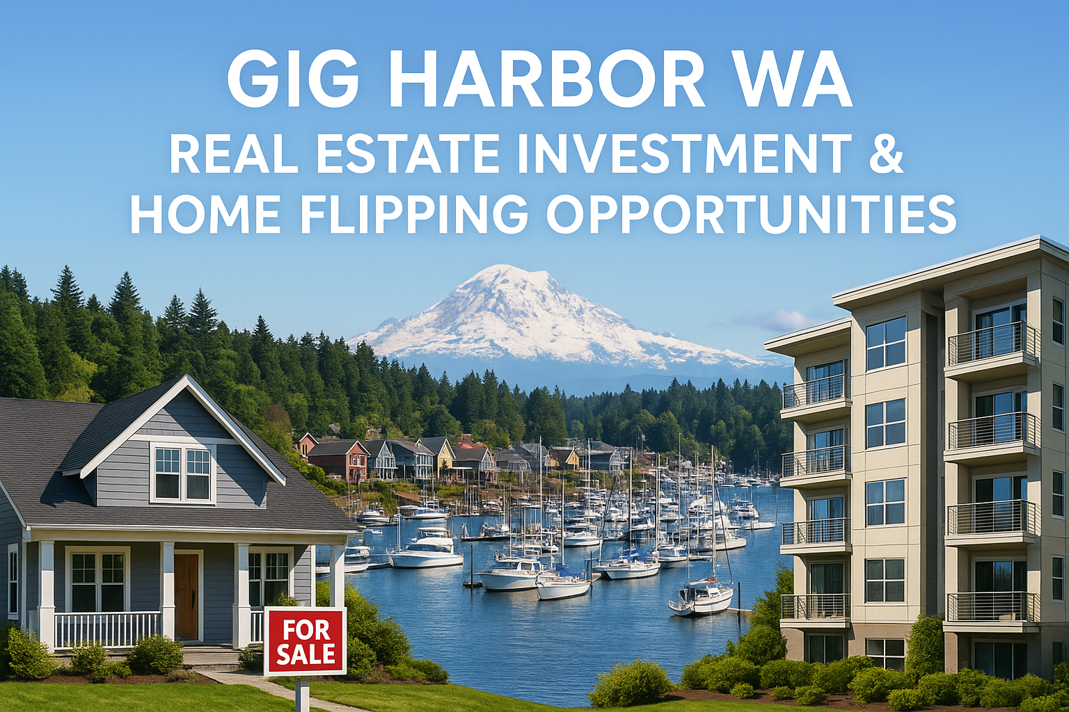 Scenic Gig Harbor waterfront with boats, homes, and Mount Rainier in the background, showcasing investment and home flipping opportunities.