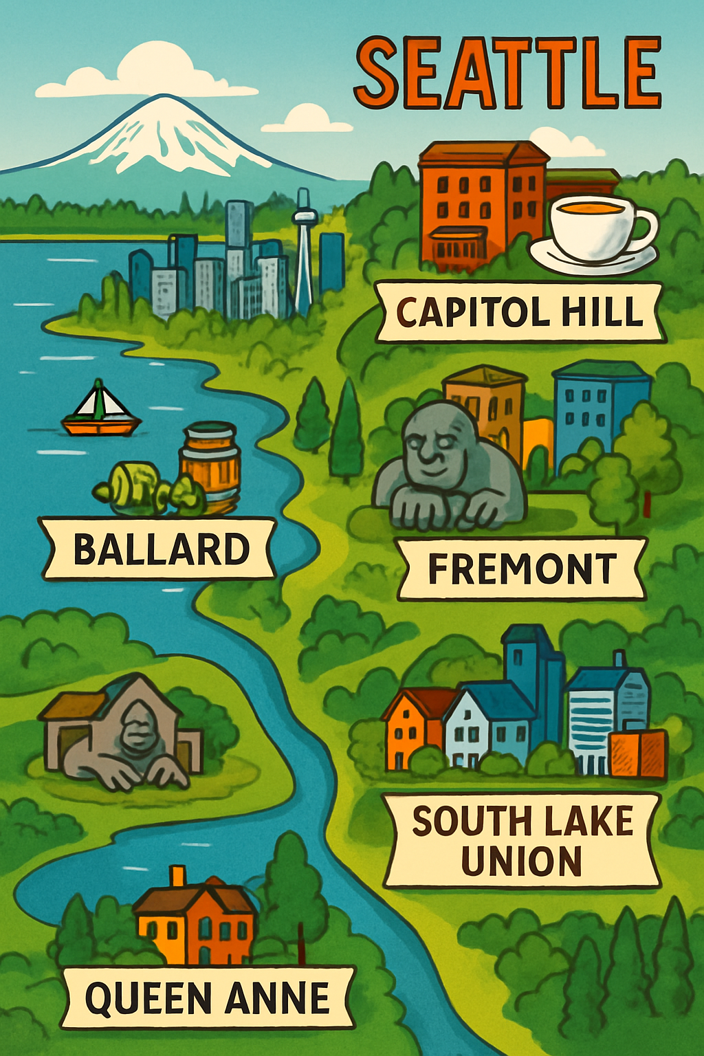 Illustrated map of Seattle featuring key neighborhoods like Capitol Hill, Ballard, Queen Anne, Fremont, and South Lake Union, with iconic landmarks and scenic surroundings.