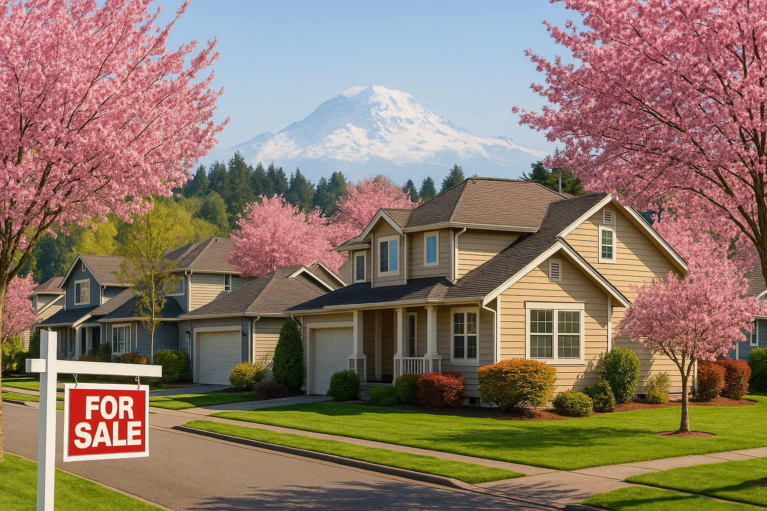 Springtime view of a Puyallup, WA neighborhood with blooming trees, single-family homes, and a “For Sale” sign, with Mt. Rainier in the background.