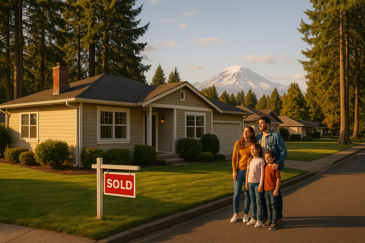 Happy family in front of a newly purchased home in Federal Way, WA, with Mount Rainier in the background and a 'Sold' sign on the front lawn.