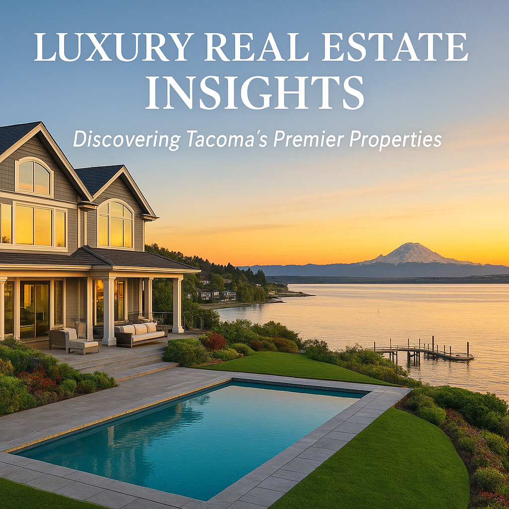 Luxury waterfront home in Tacoma, Washington, with infinity pool, private dock, and panoramic views of Puget Sound and Mount Rainier at sunset.