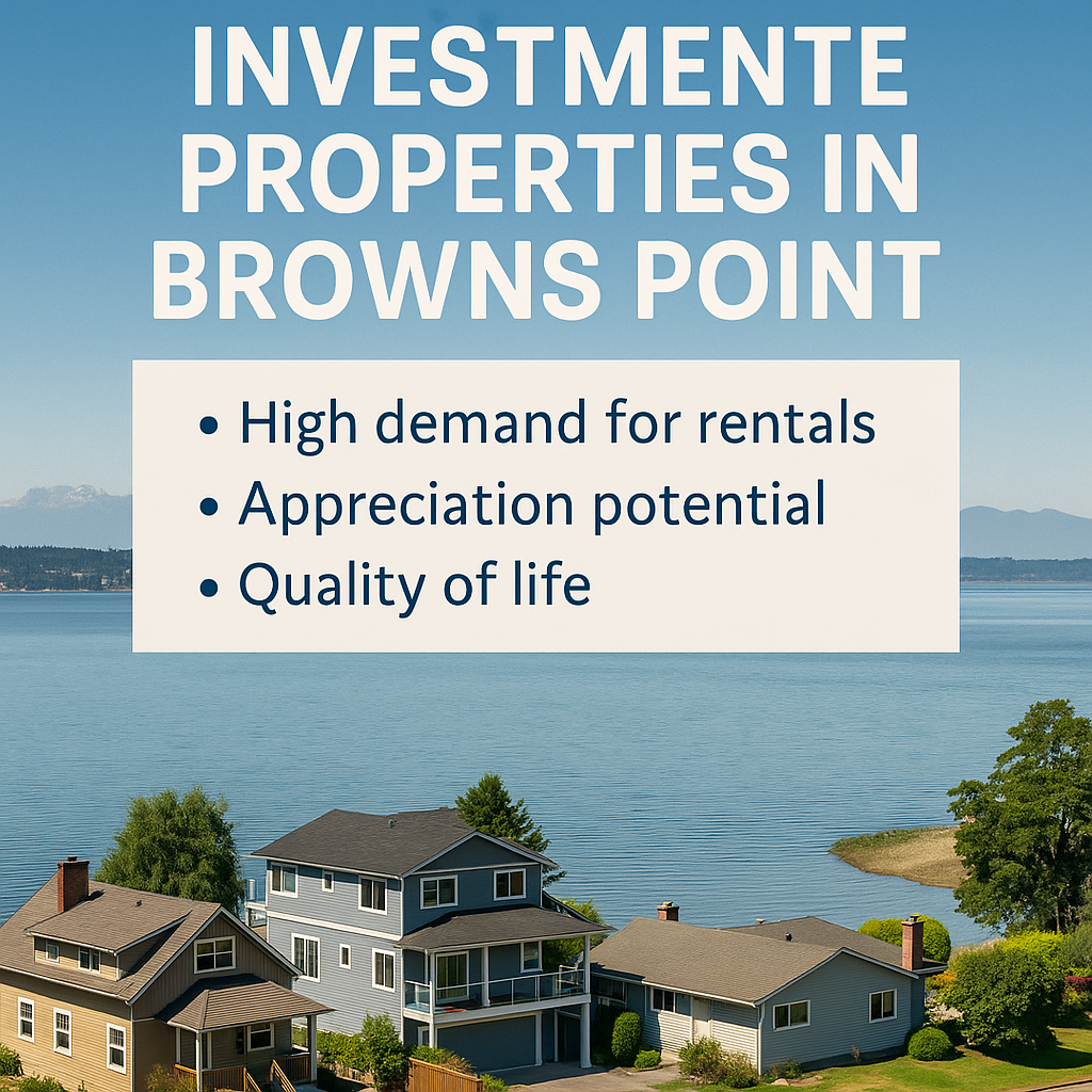 Waterfront homes in Browns Point overlooking Puget Sound, highlighting real estate investment opportunities with text promoting high rental demand, appreciation potential, and quality of life.