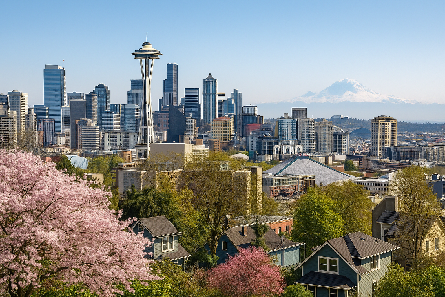 Spring 2024 view of Seattle skyline with cherry blossoms and residential homes, reflecting a stable housing market.