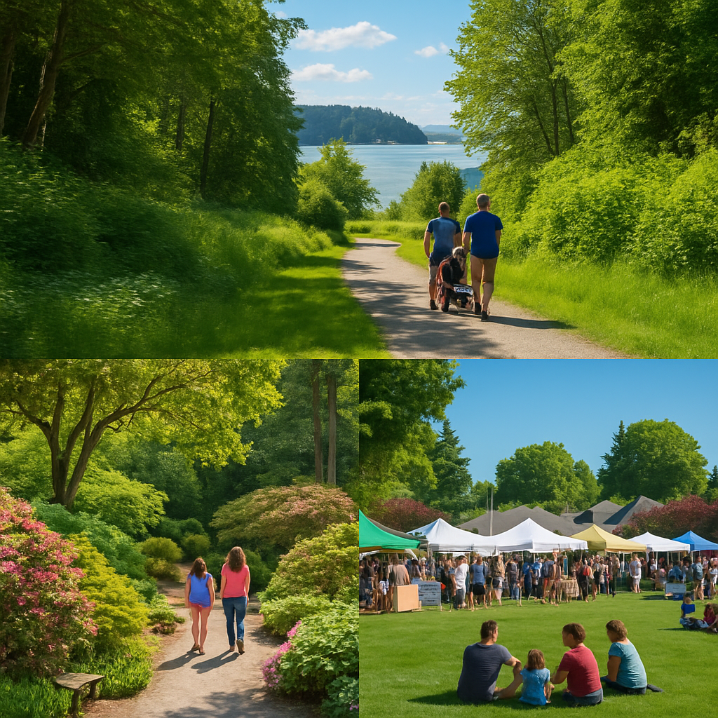 Scenic view of Federal Way, WA, featuring Dash Point State Park, a botanical garden, and a vibrant local community event with families and lush greenery.