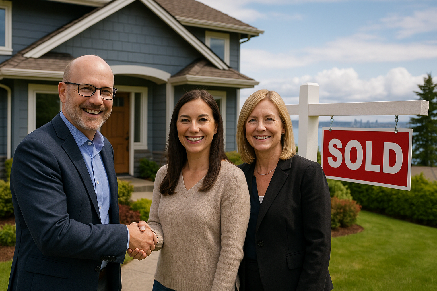 David Berg and Tracey Zuck of Homes on the Sound standing with a happy client in front of a sold home in Browns Point, WA, showcasing their real estate success and professionalism.
