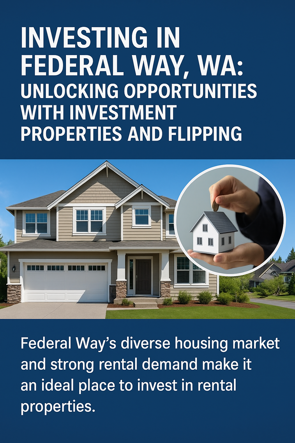 Promotional graphic for investing in Federal Way, WA, featuring a modern suburban home and an inset image of hands placing a coin on a model house, highlighting rental property and home flipping opportunities.