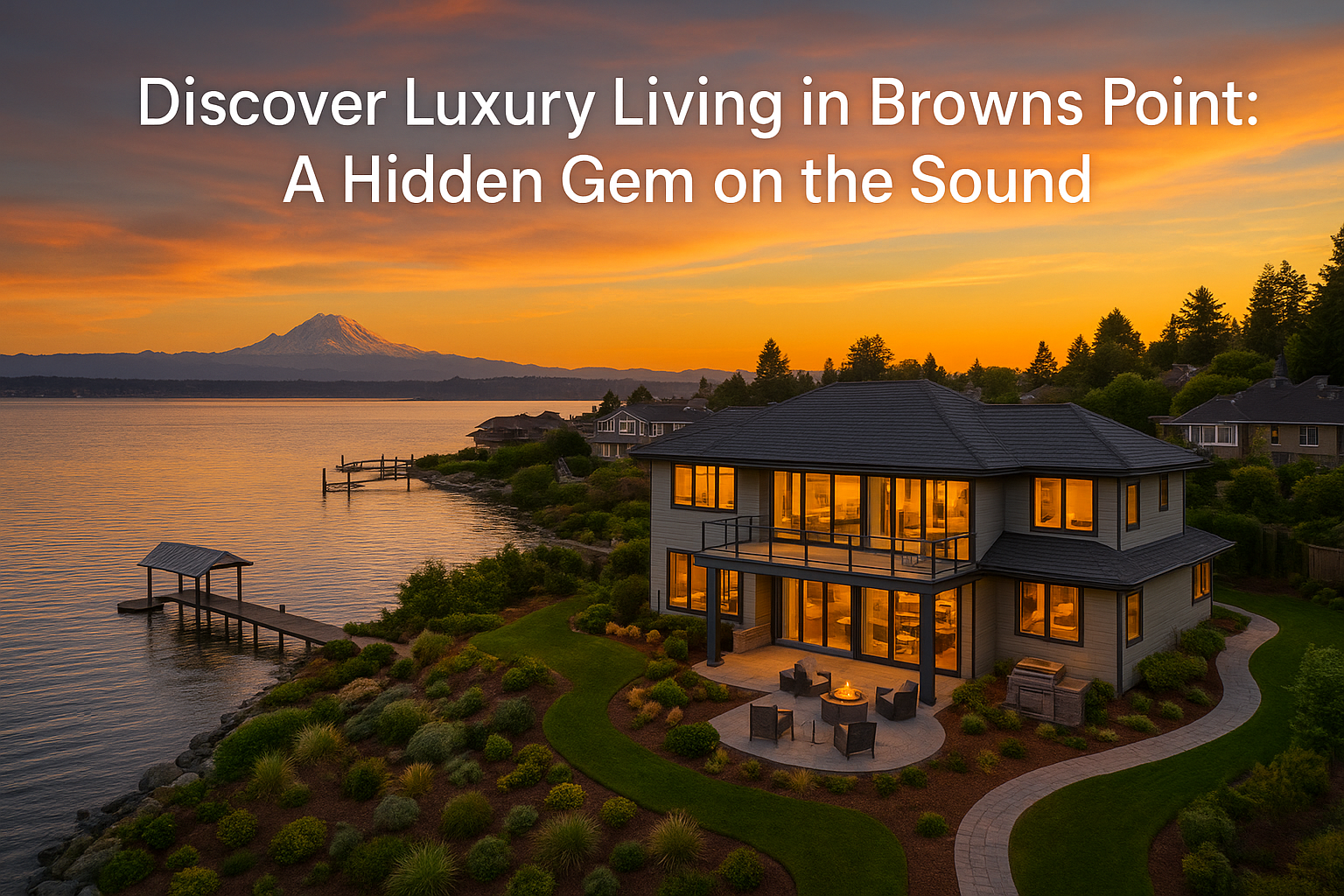 Aerial view of a luxury waterfront home in Browns Point, Washington, overlooking Puget Sound at sunset with Mount Rainier in the background.