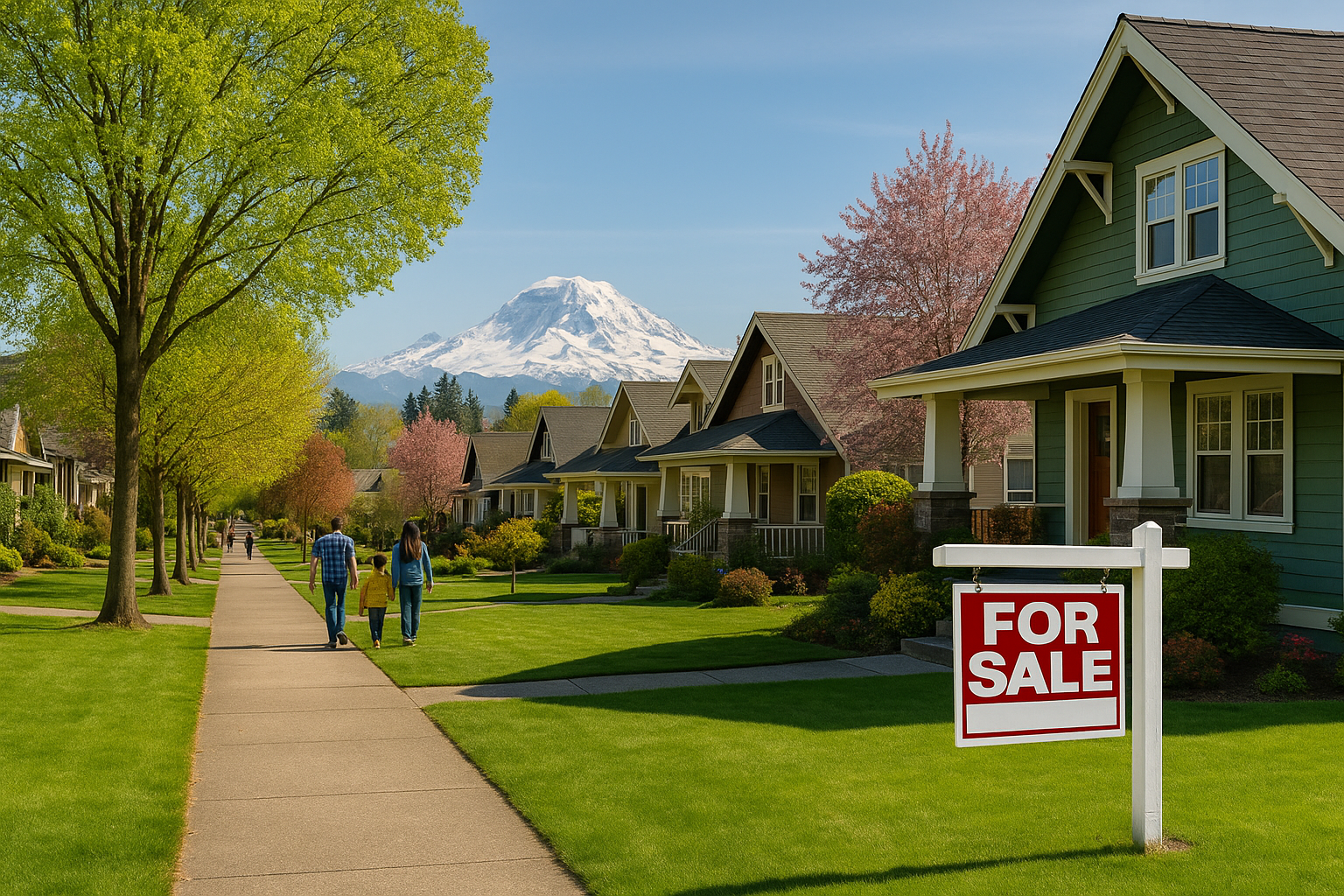 Charming neighborhood in Puyallup, WA with craftsman homes, tree-lined streets, and Mount Rainier in the background