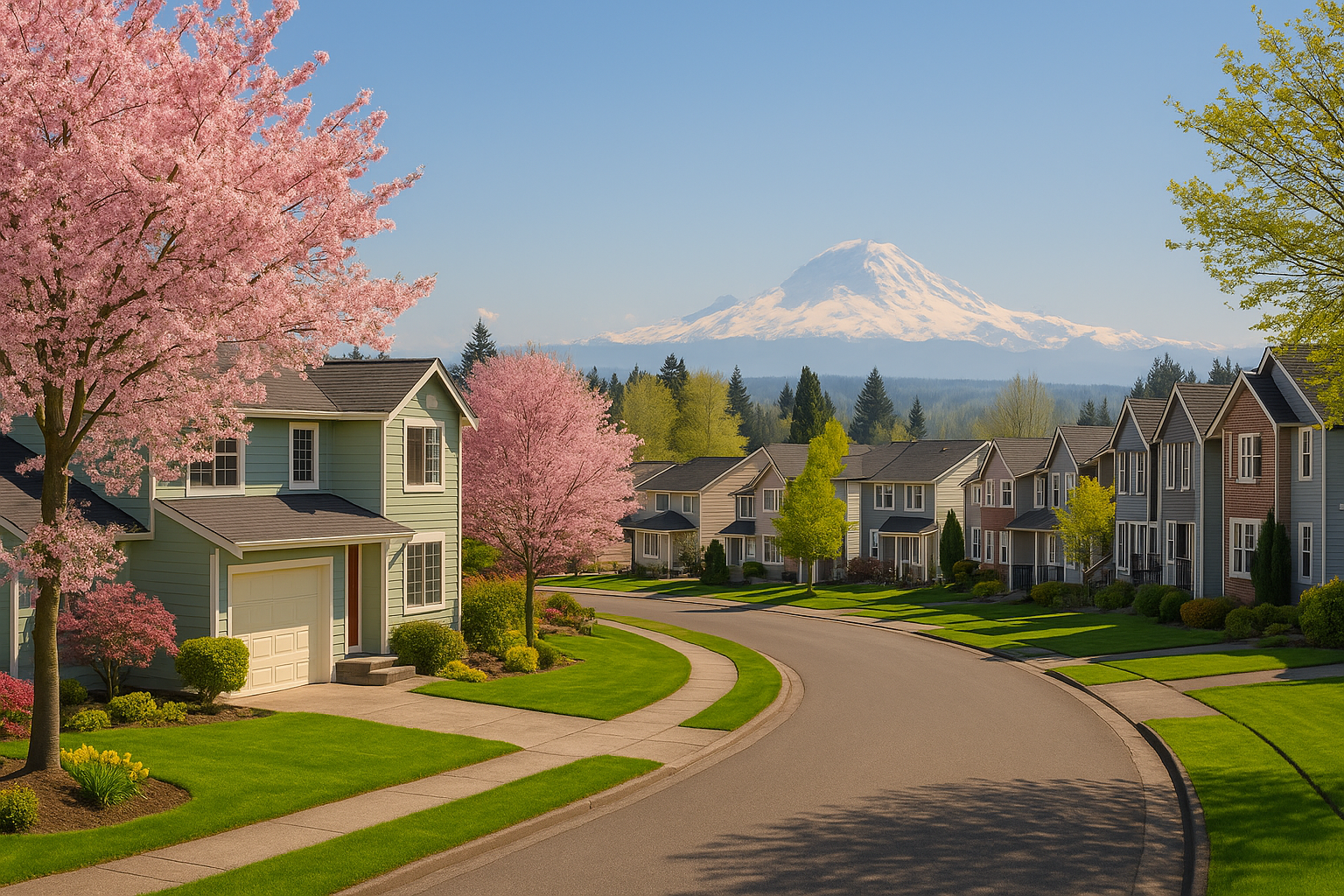 Springtime view of a suburban neighborhood in Federal Way, WA, with single-family homes and blooming trees, symbolizing growth in the local real estate market.