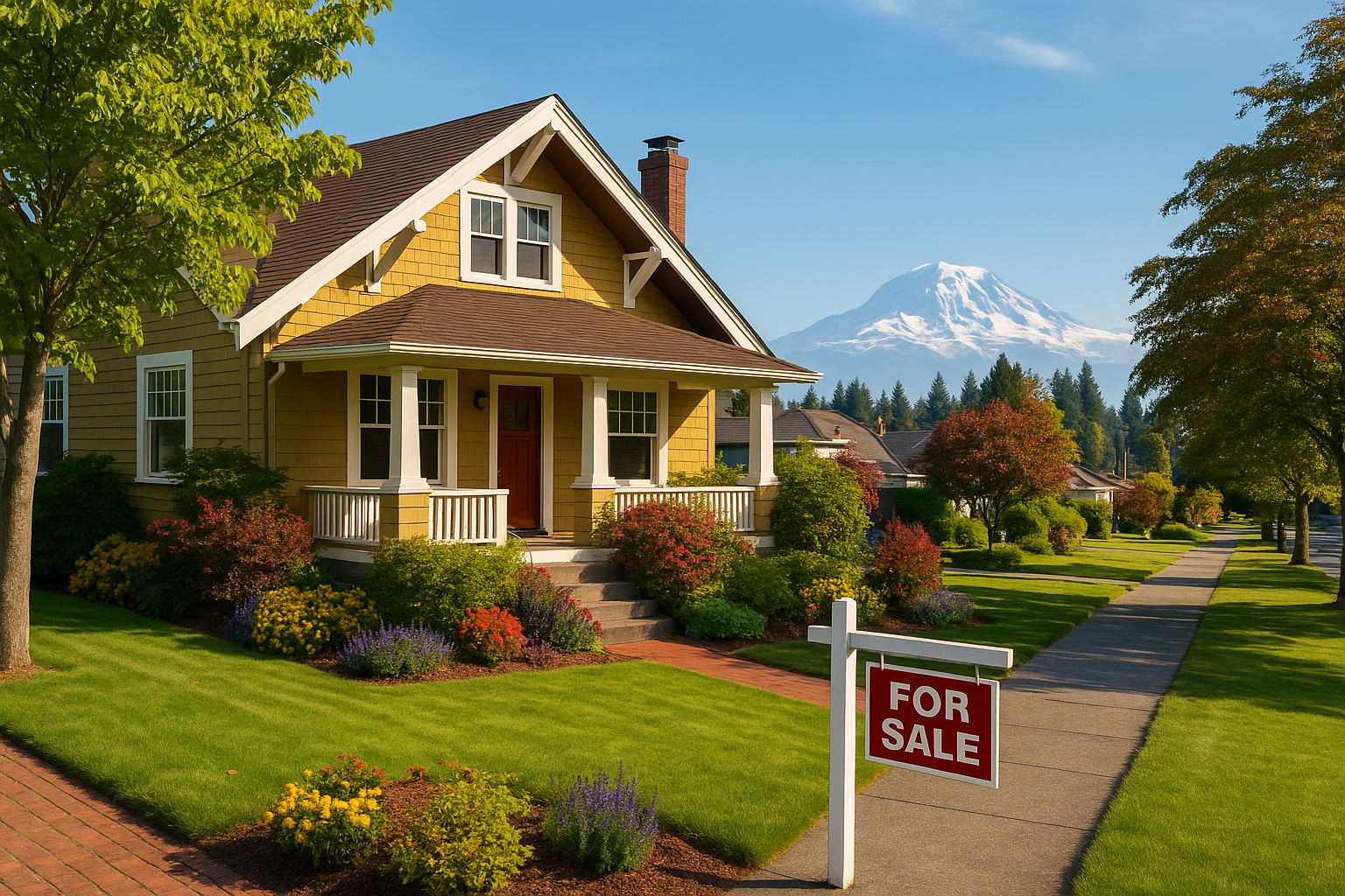 Craftsman-style home in Tacoma, WA, with Mount Rainier in the background, highlighting a vibrant neighborhood and a 'For Sale' sign.