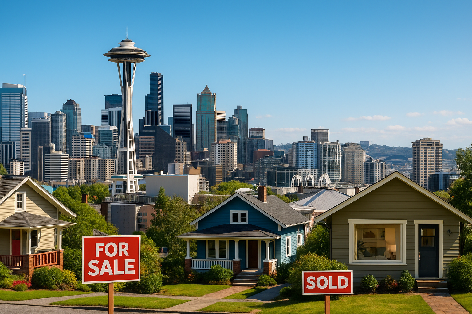 Seattle skyline with the Space Needle, modern apartments, and renovated homes in vibrant neighborhoods, representing real estate investment and home flipping opportunities.