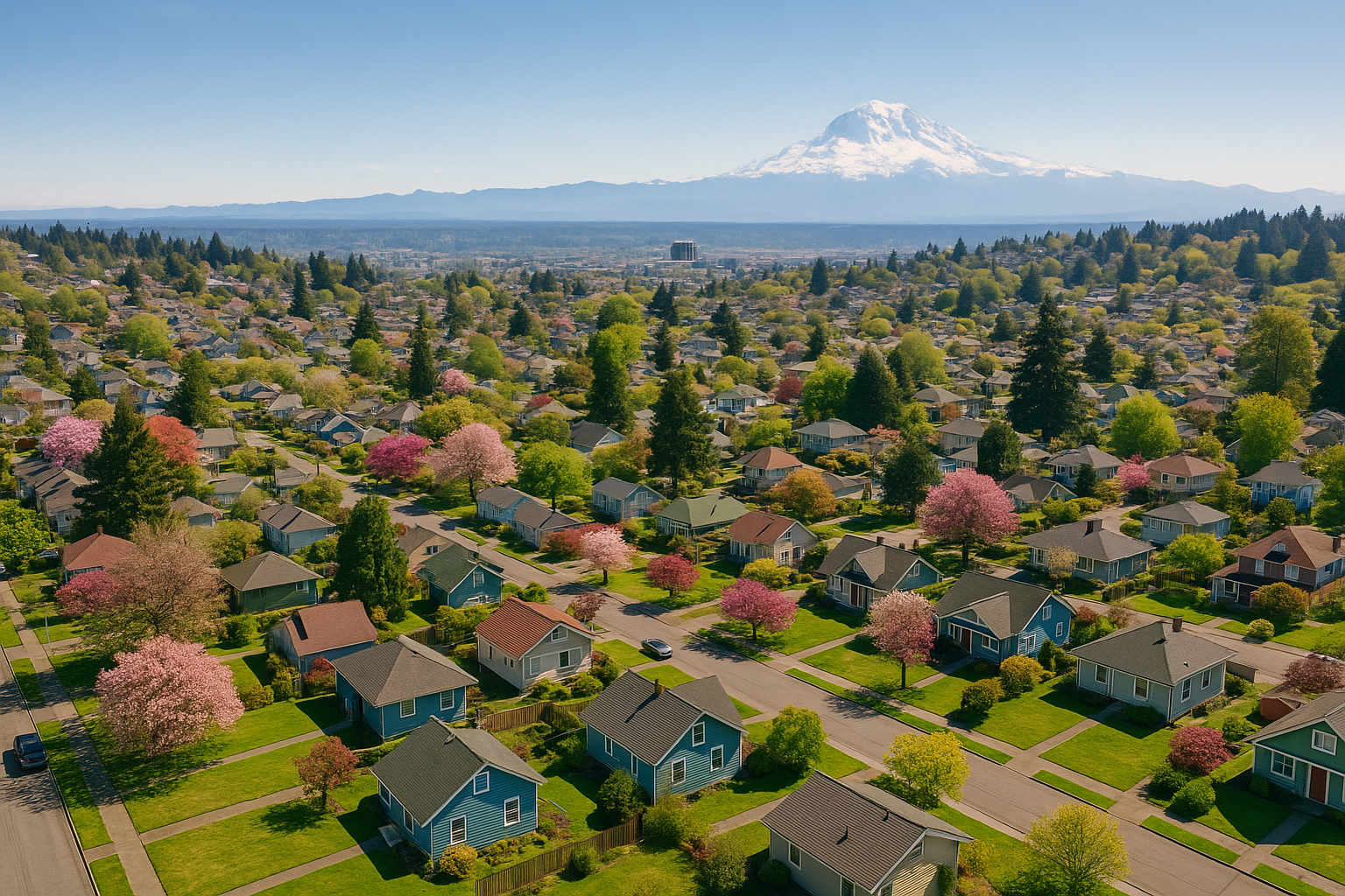 Aerial view of Tacoma, WA in spring 2024 showcasing residential homes, blooming trees, and Mount Rainier in the background — representing the city’s vibrant real estate market.