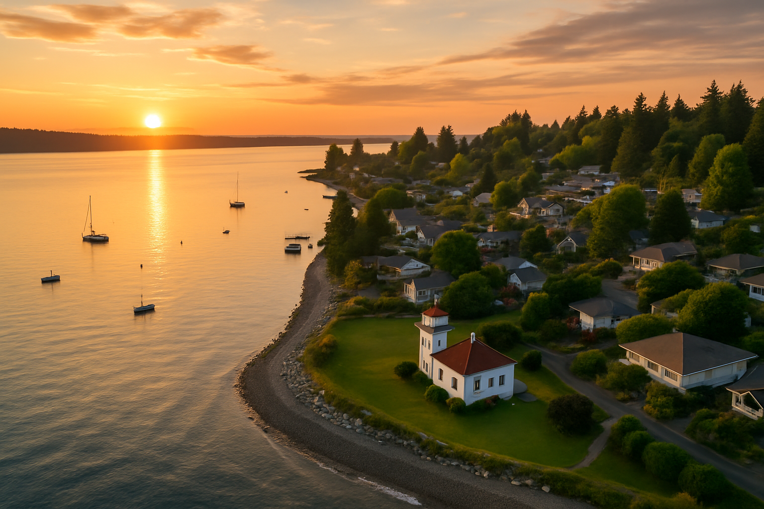 Aerial view of Browns Point, WA, showcasing waterfront homes, the historic Browns Point Lighthouse, and the scenic Puget Sound shoreline during sunset.