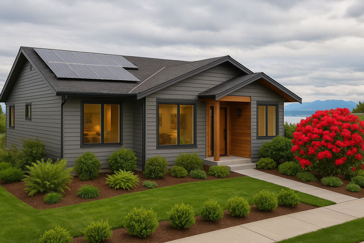 Modern Seattle home with native landscaping, solar panels, and large windows showcasing Puget Sound views under a cloudy sky.