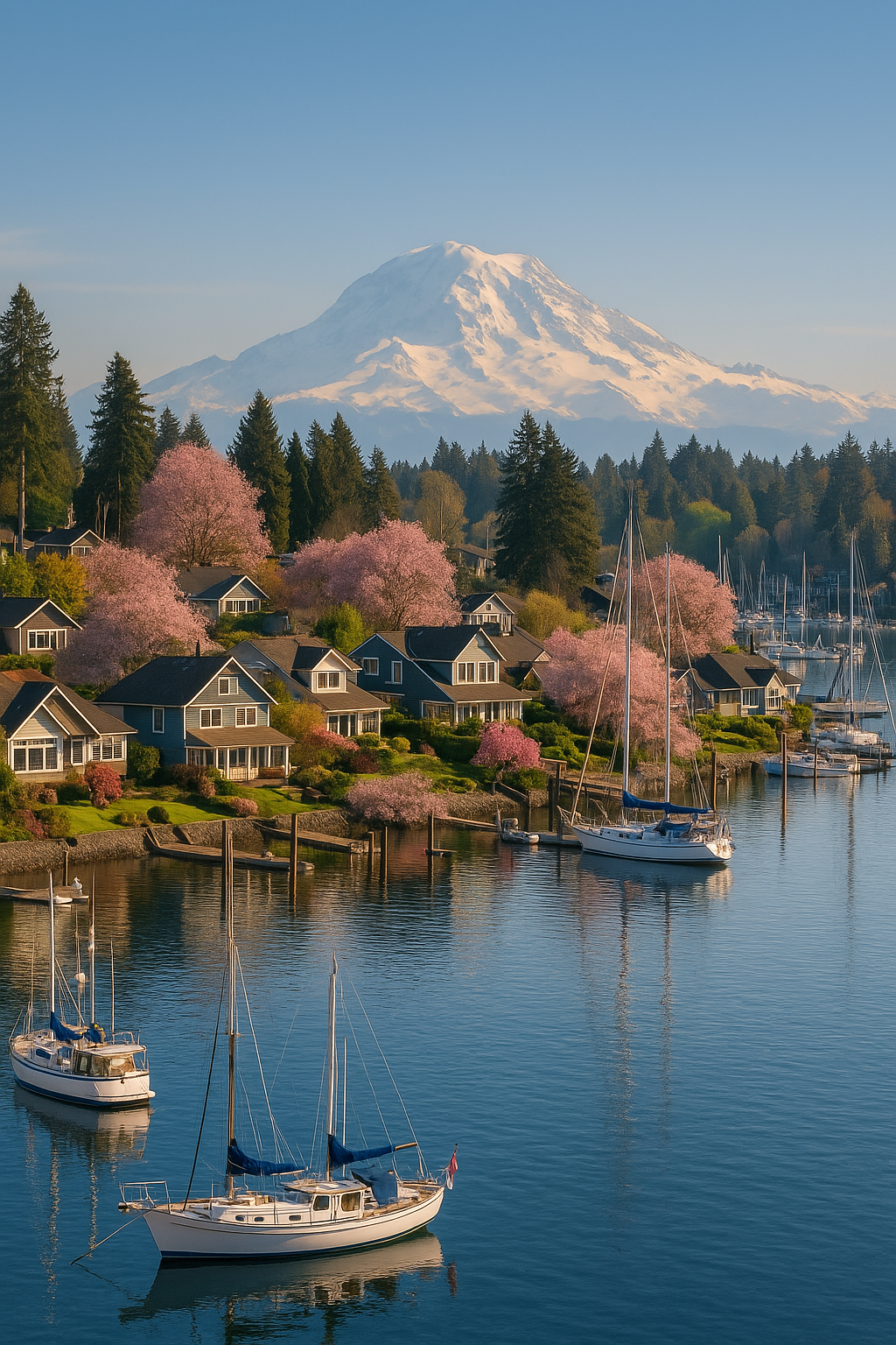 Springtime view of Gig Harbor, WA, showcasing waterfront homes, boats in the marina, blooming trees, and Mount Rainier in the background.