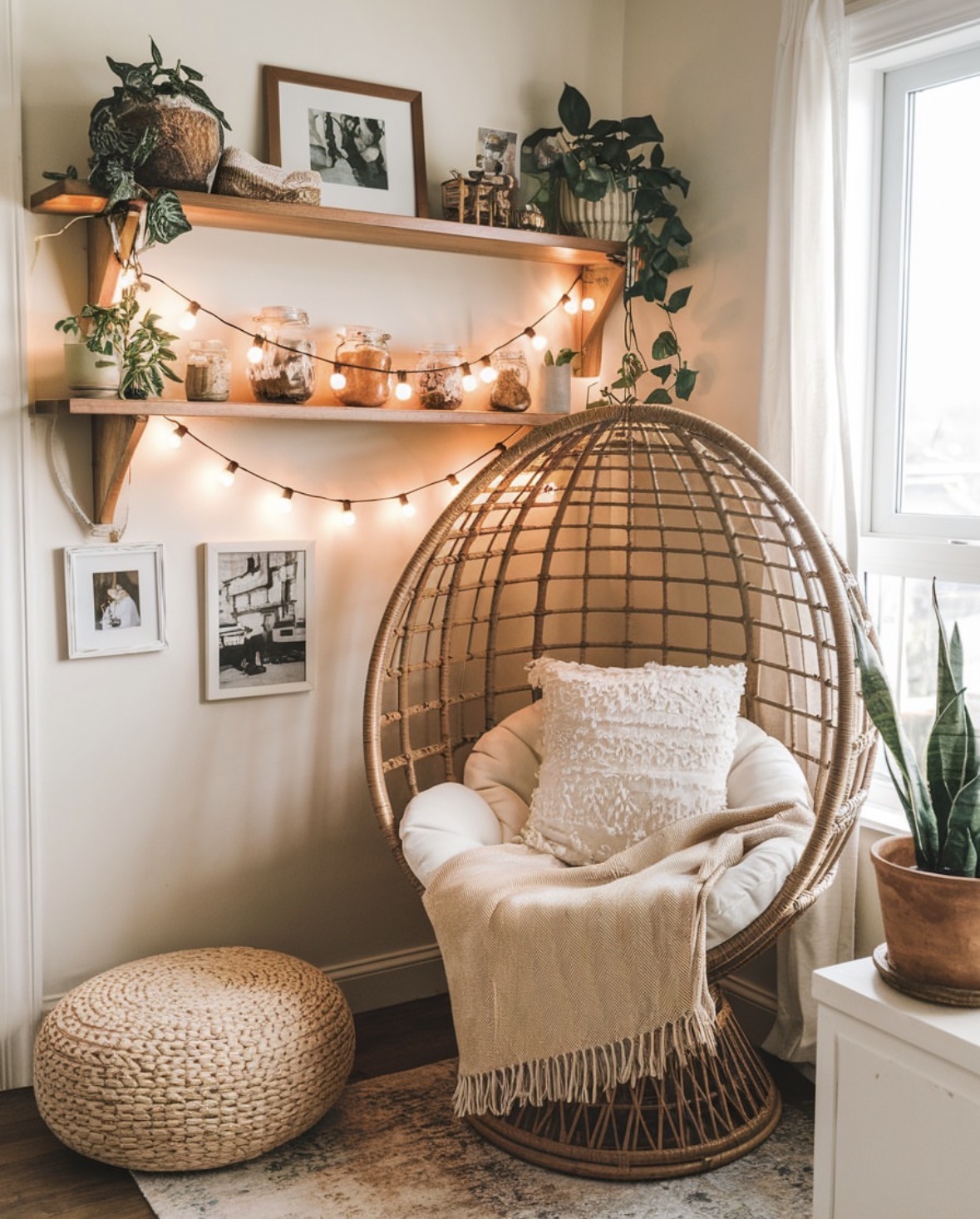cozy chair with string lights