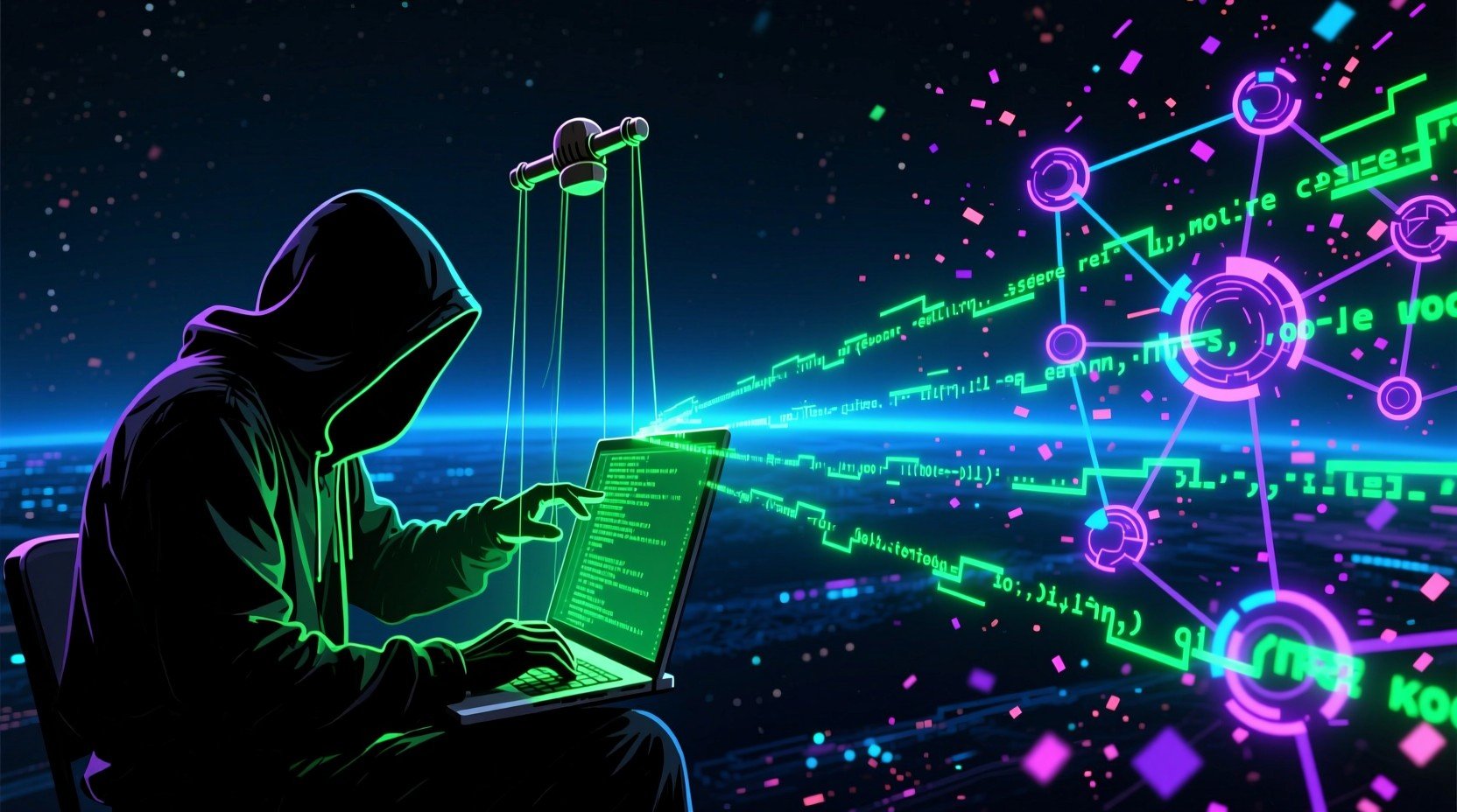 hooded figure on laptop