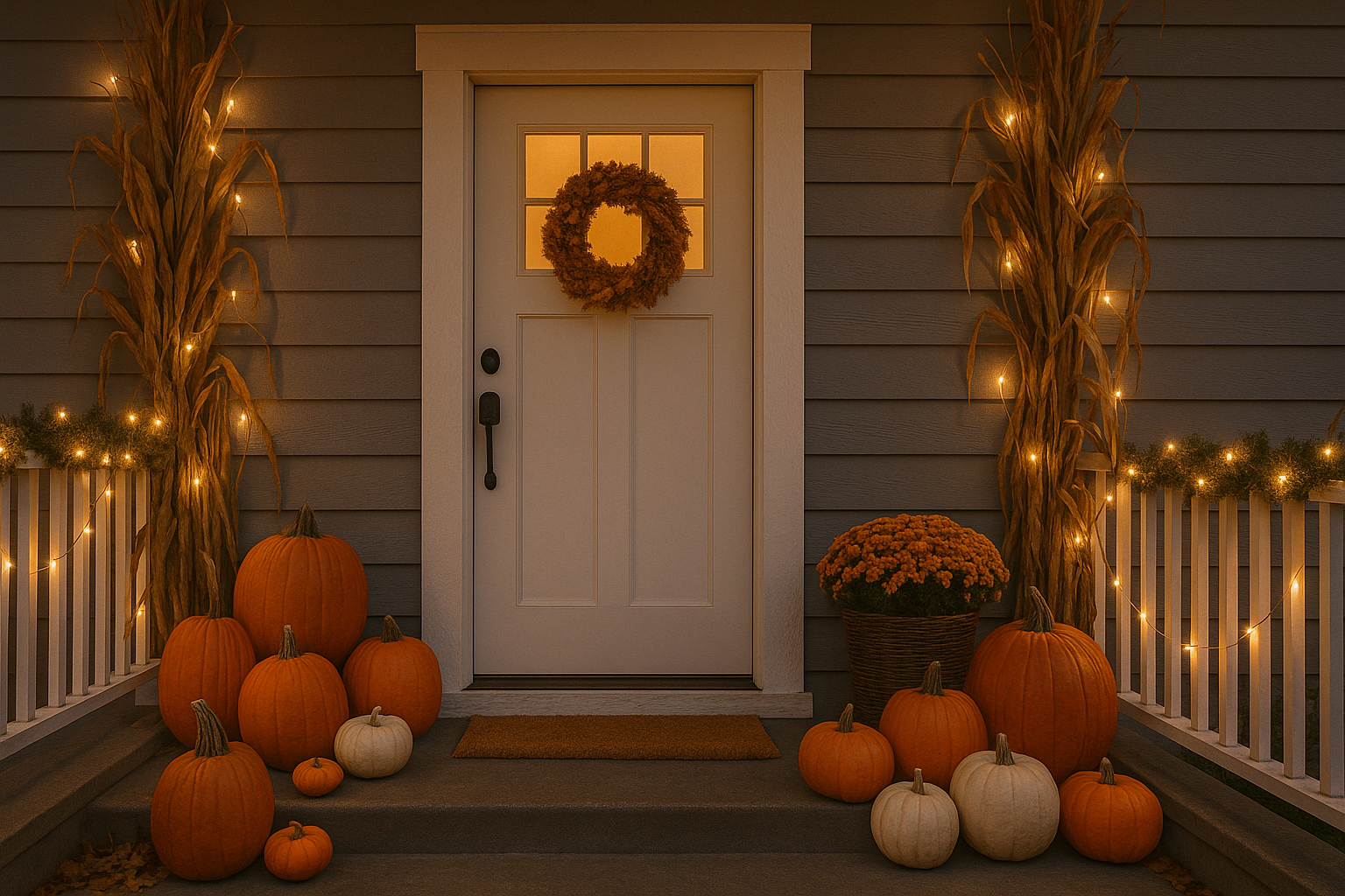 front porch with pumpkins